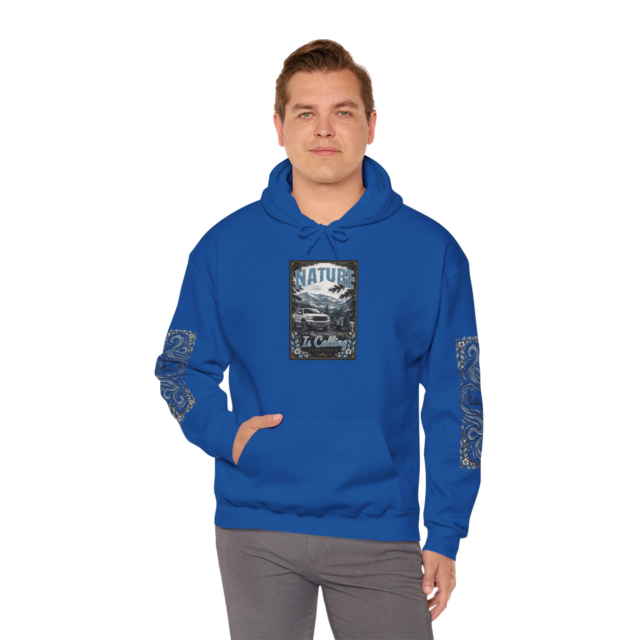 Nature Is Calling Hoodie — Scenic Mountain Graphic Hooded Sweatshirt with Sleeve Paisley Art