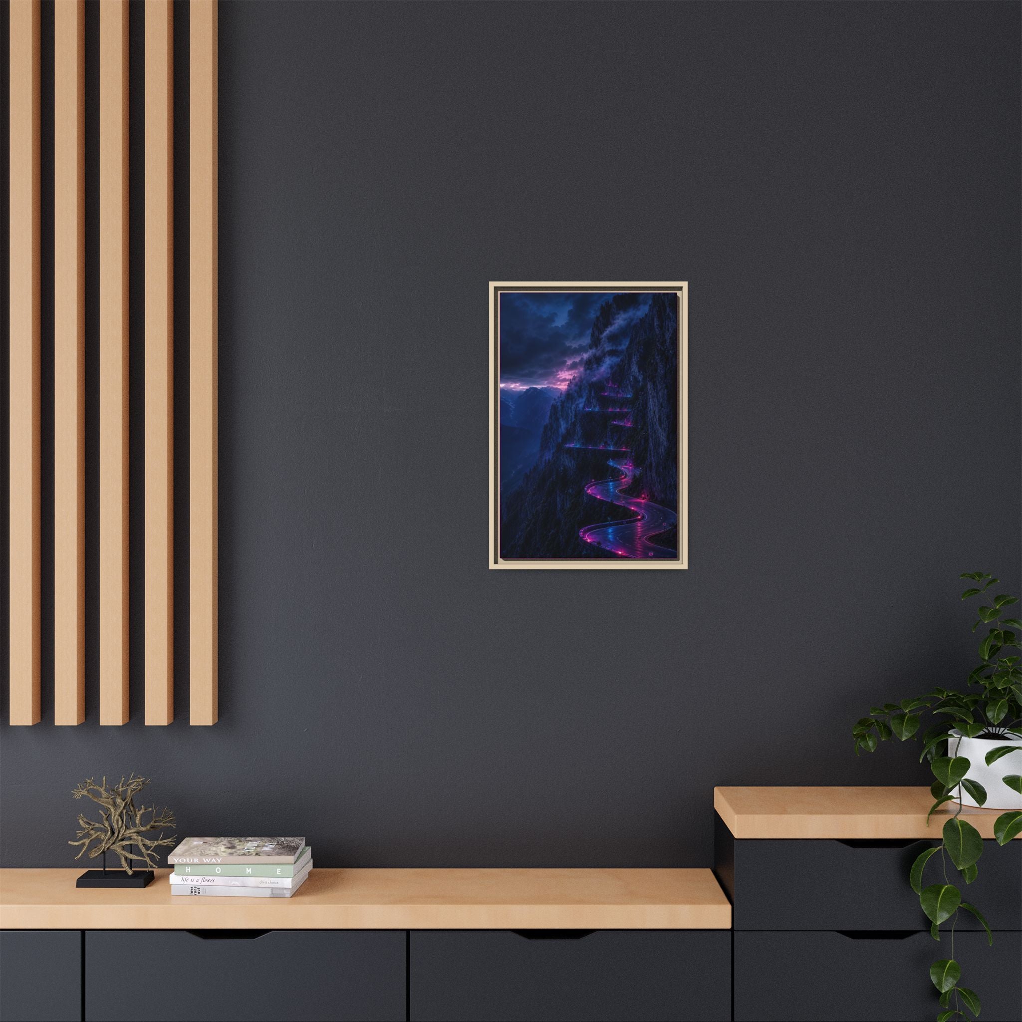 Neon Mountain Road Matte Canvas Print — Framed Nightscape Wall Art