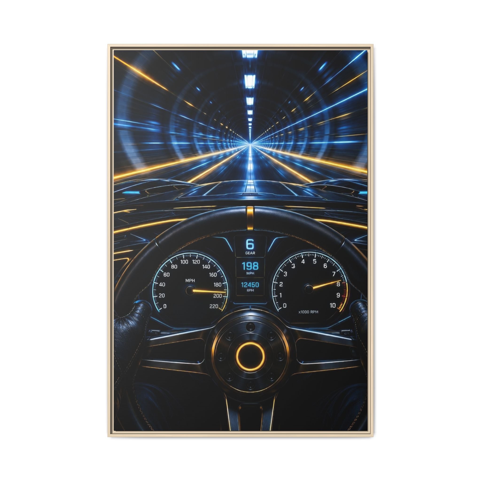 Tunnel Drive Framed Canvas Print — Retro Futuristic Car Dashboard Wall Art