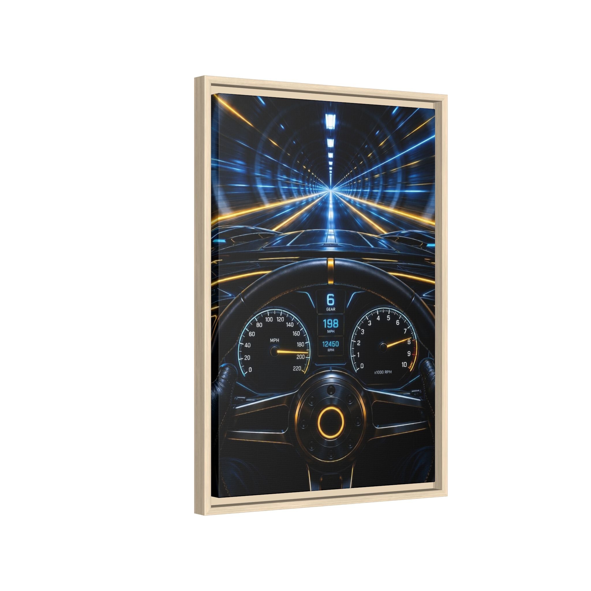 Tunnel Drive Framed Canvas Print — Retro Futuristic Car Dashboard Wall Art