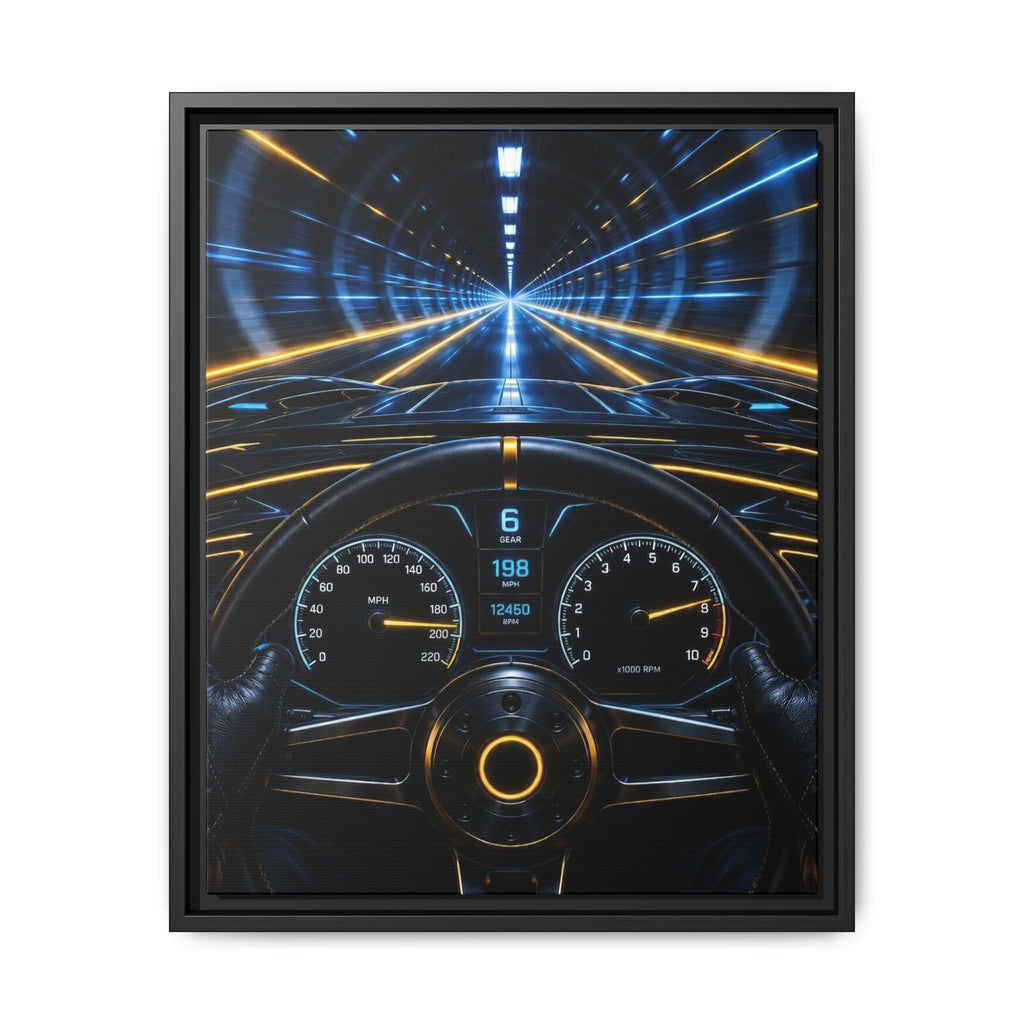 Tunnel Drive Framed Canvas Print — Retro Futuristic Car Dashboard Wall Art