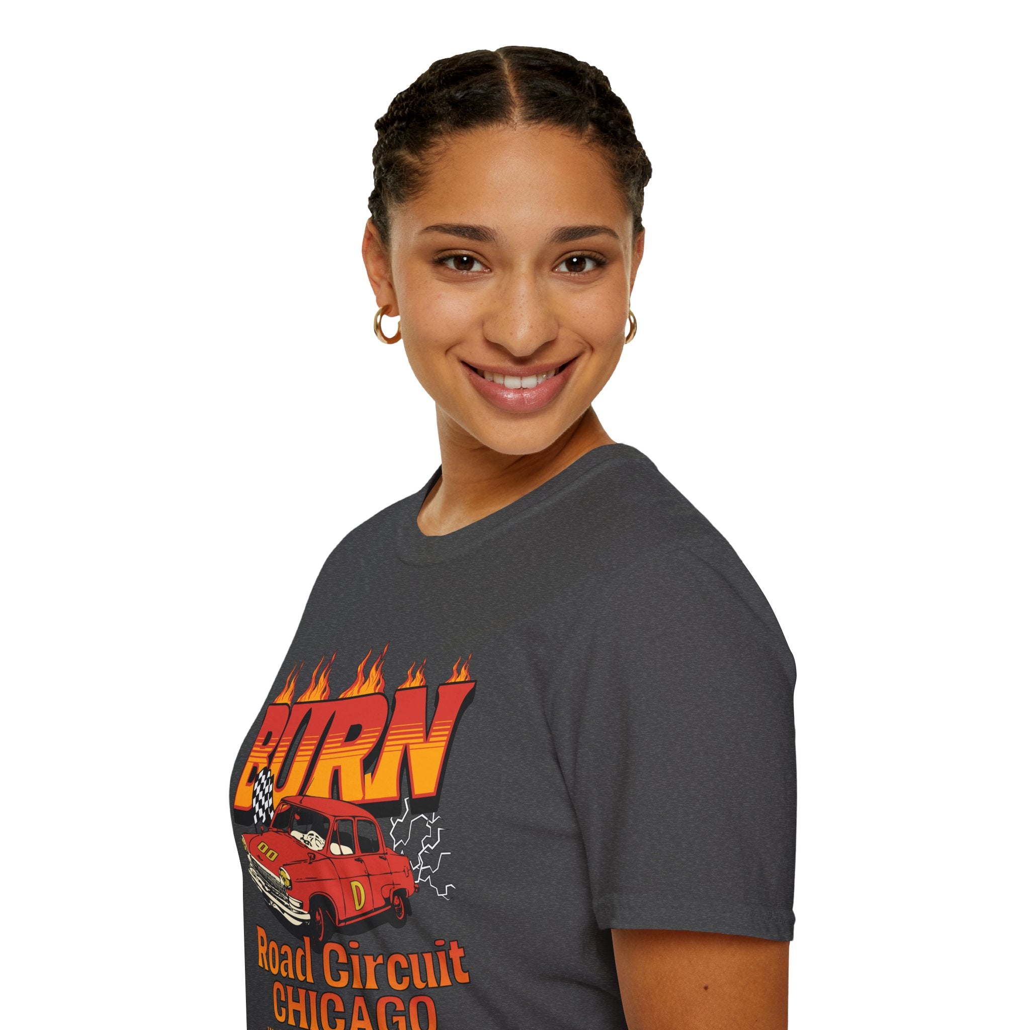 Racing 'BURN' Graphic Tee — Retro Flaming Racecar Chicago Track Shirt