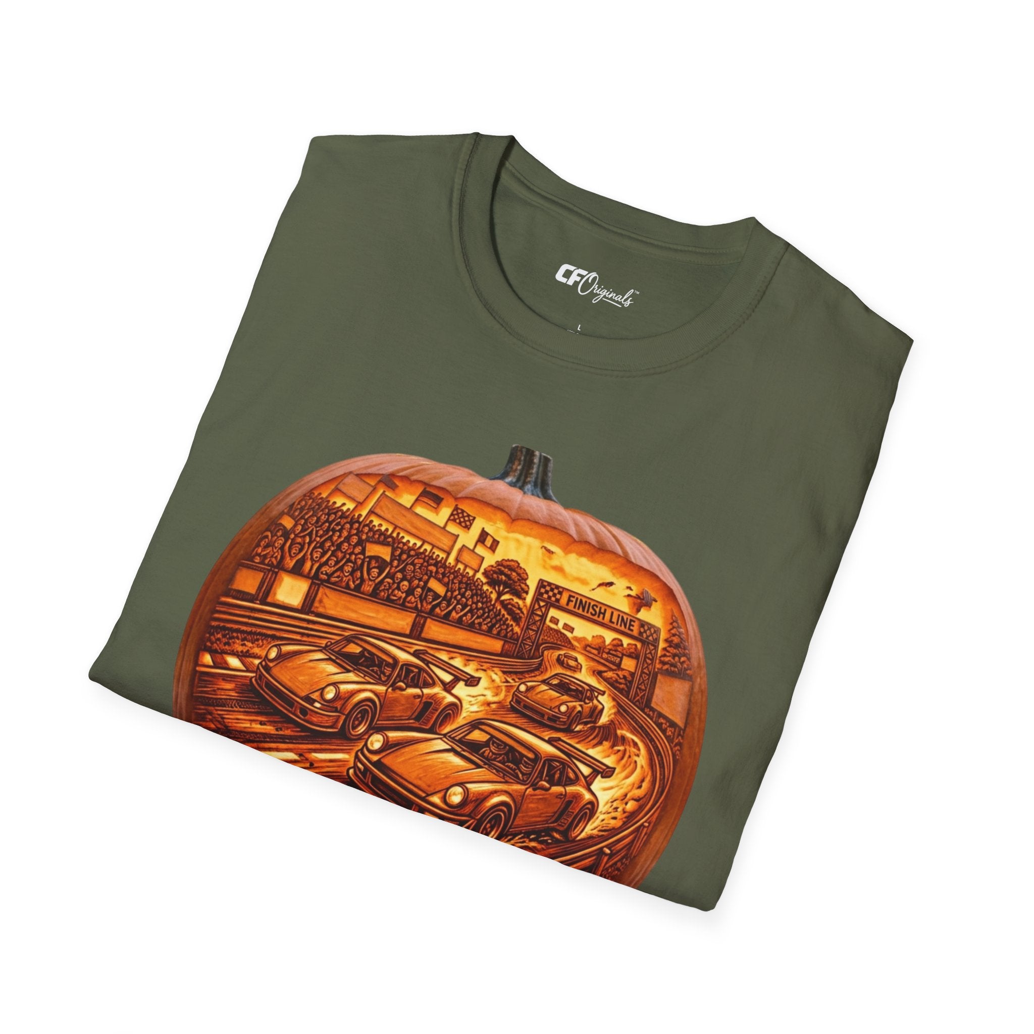 Vintage Racing Pumpkin T-Shirt — Retro Car Grand Prix Halloween Tee
