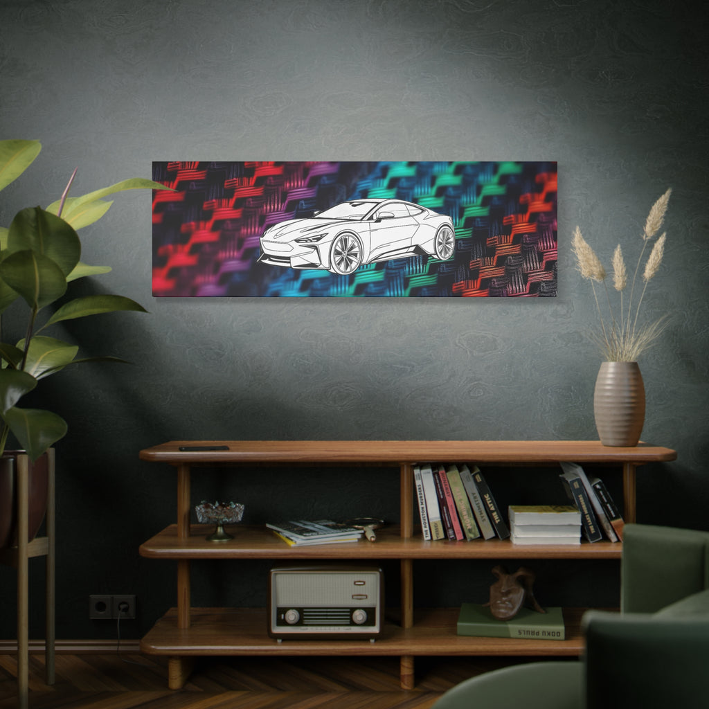 Modern Sports Car Canvas Wall Art – White Line Drawing on Rainbow Carbon Fiber Background
