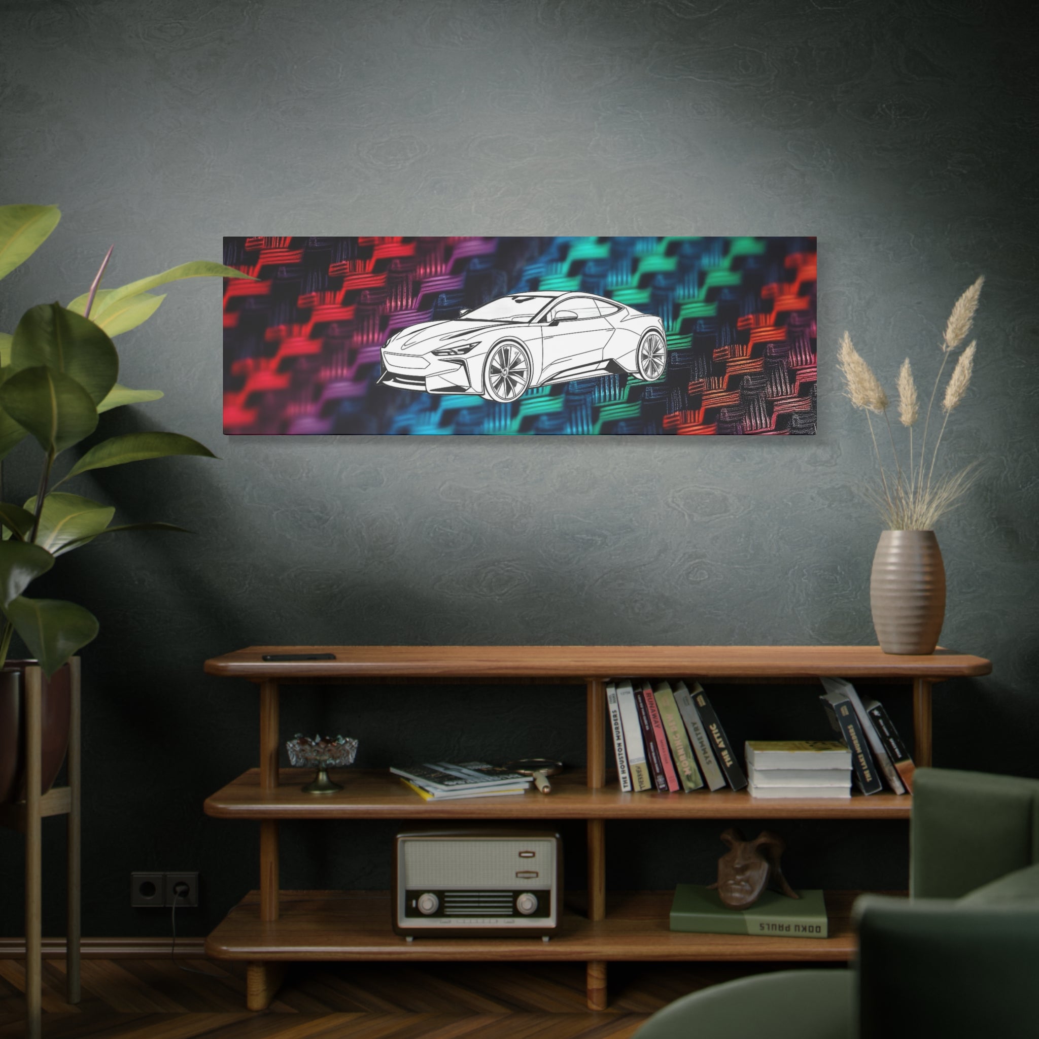 Modern Sports Car Canvas Wall Art – White Line Drawing on Rainbow Carbon Fiber Background