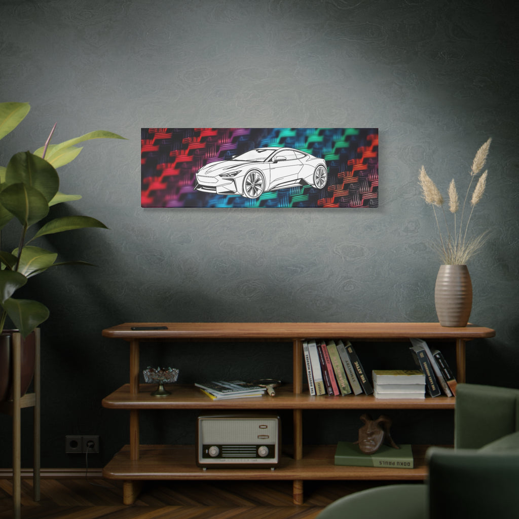 Modern Sports Car Canvas Wall Art – White Line Drawing on Rainbow Carbon Fiber Background