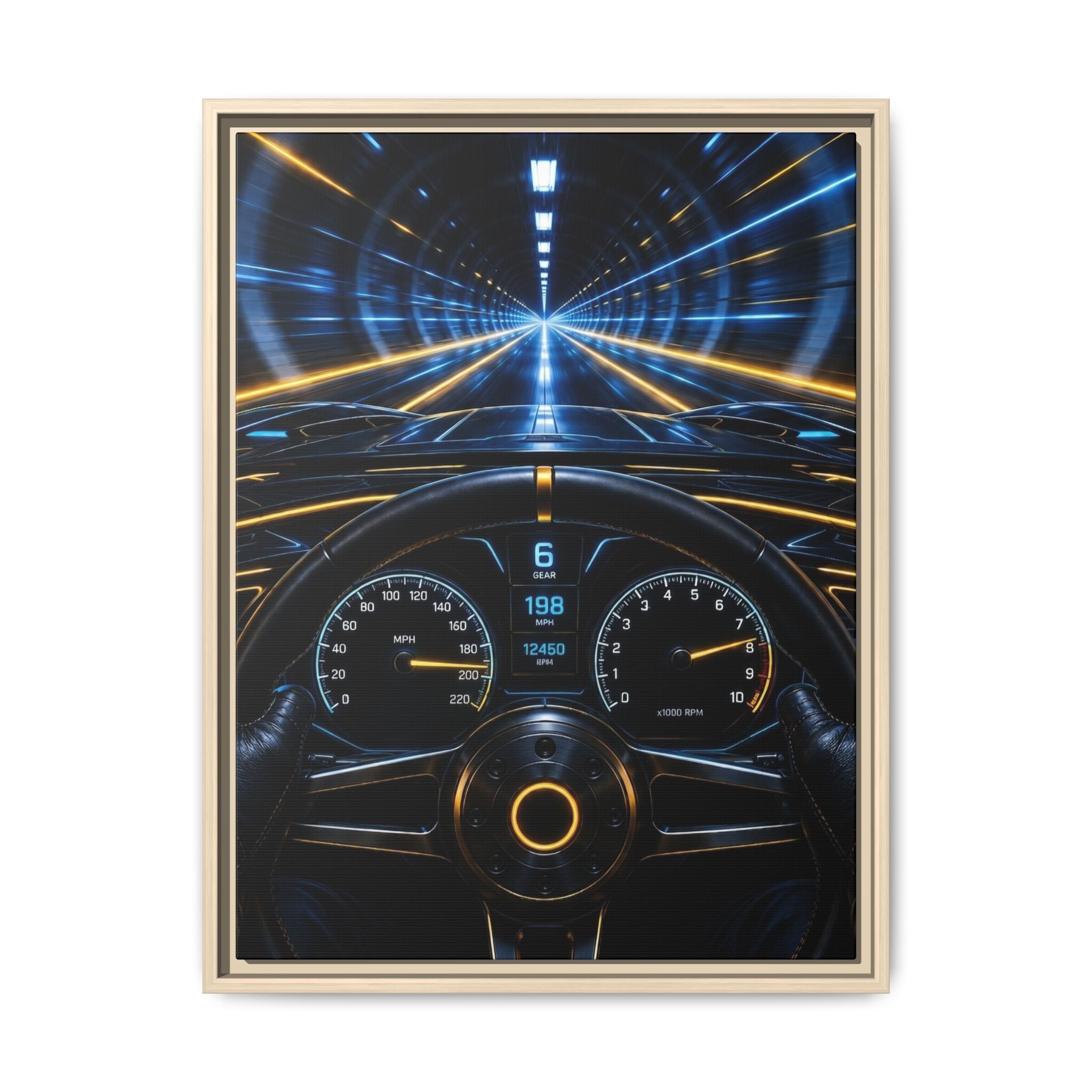 Tunnel Drive Framed Canvas Print — Retro Futuristic Car Dashboard Wall Art