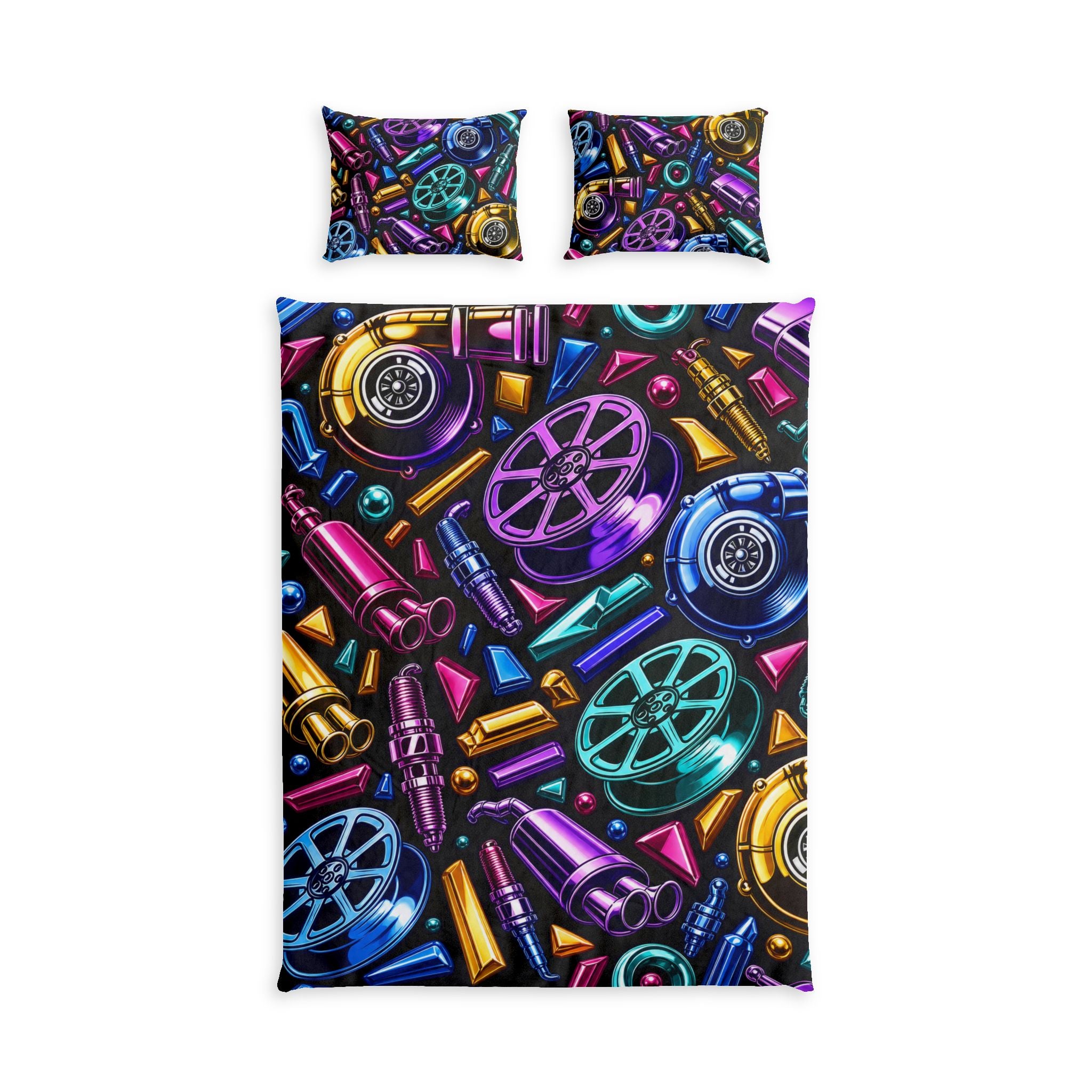Car Parts Pattern Cotton Bed Set — Colorful Mechanical Design Duvet Cover