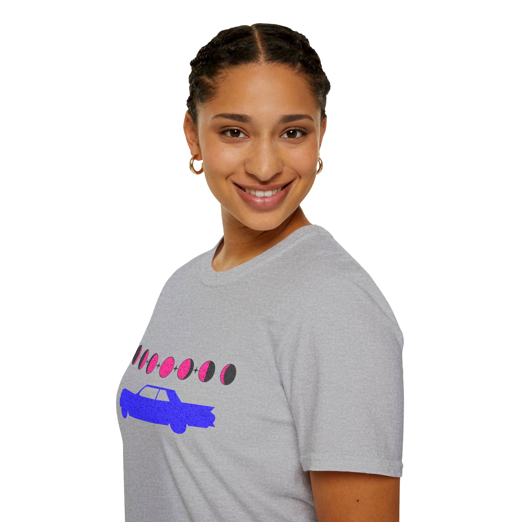 Retro Moon Phase Car T‑Shirt — Blue Classic Car with Pink Moon Phases