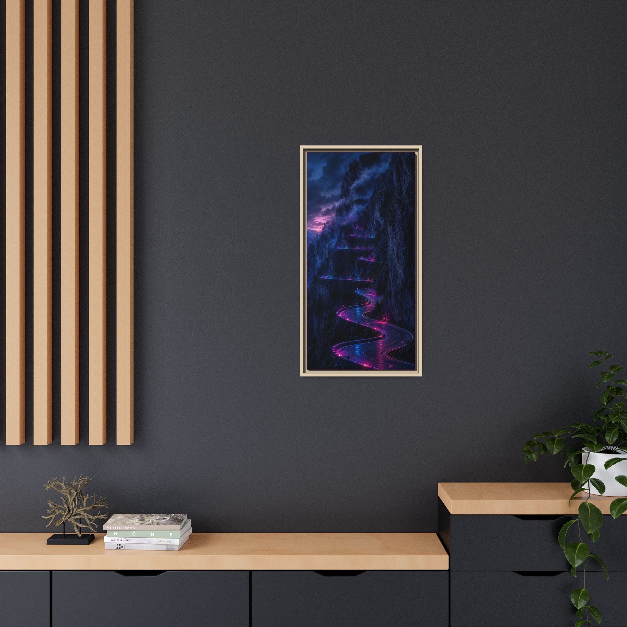 Neon Mountain Road Matte Canvas Print — Framed Nightscape Wall Art