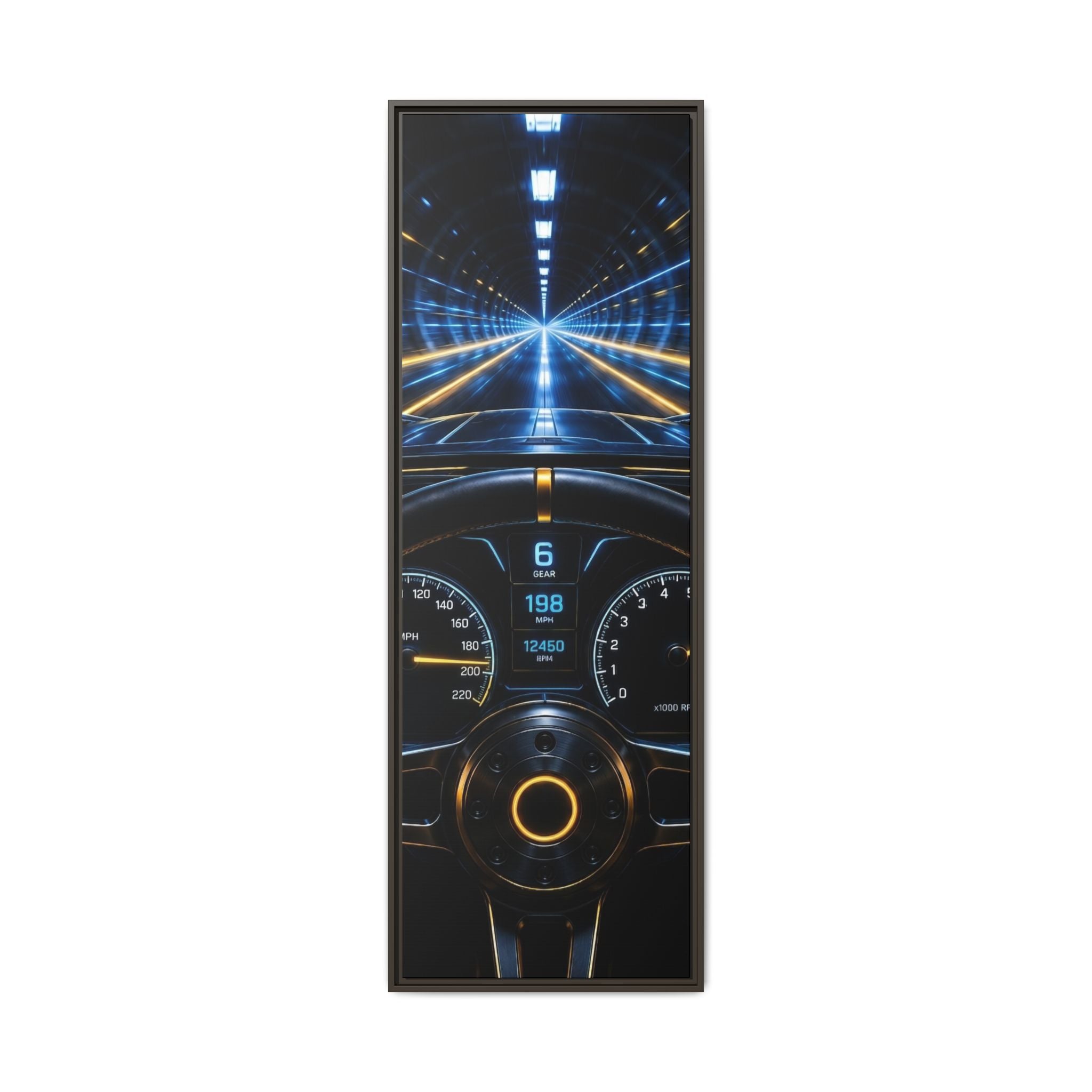 Tunnel Drive Framed Canvas Print — Retro Futuristic Car Dashboard Wall Art