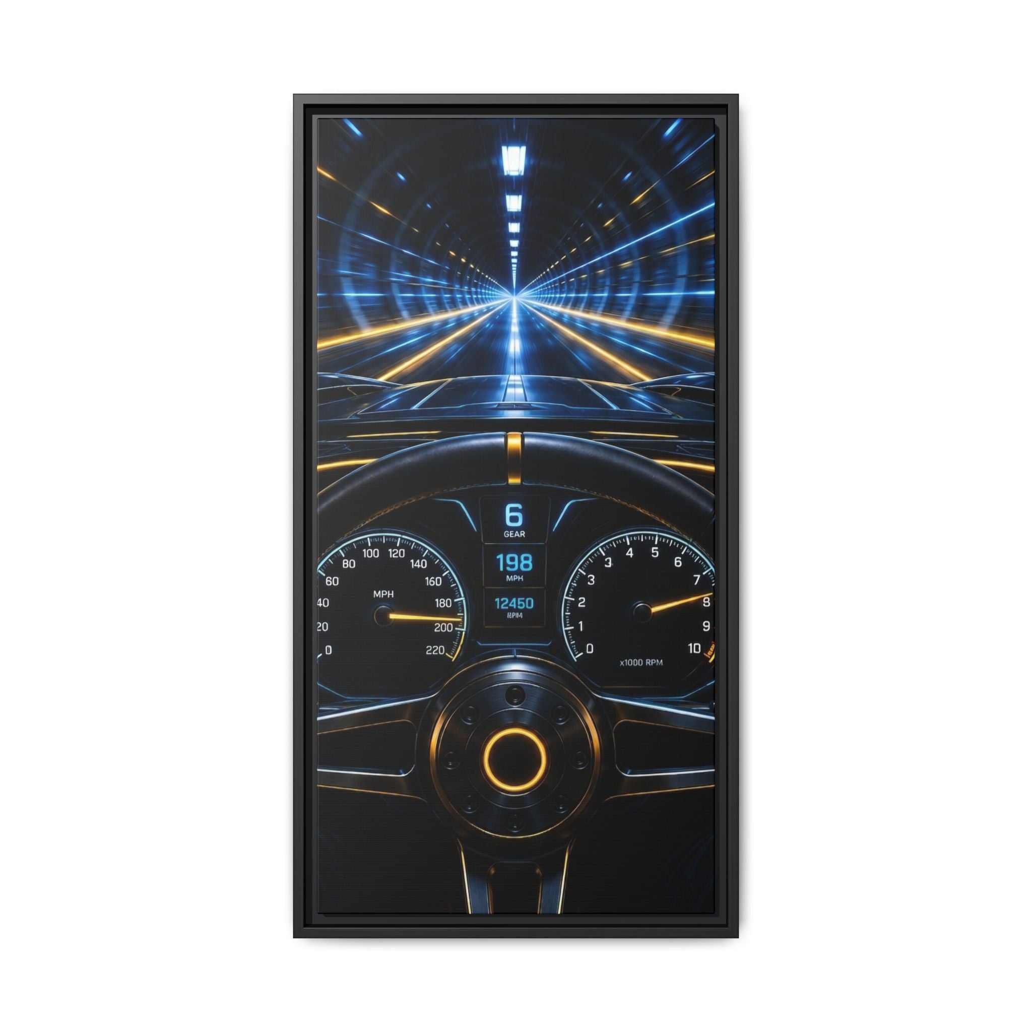 Tunnel Drive Framed Canvas Print — Retro Futuristic Car Dashboard Wall Art
