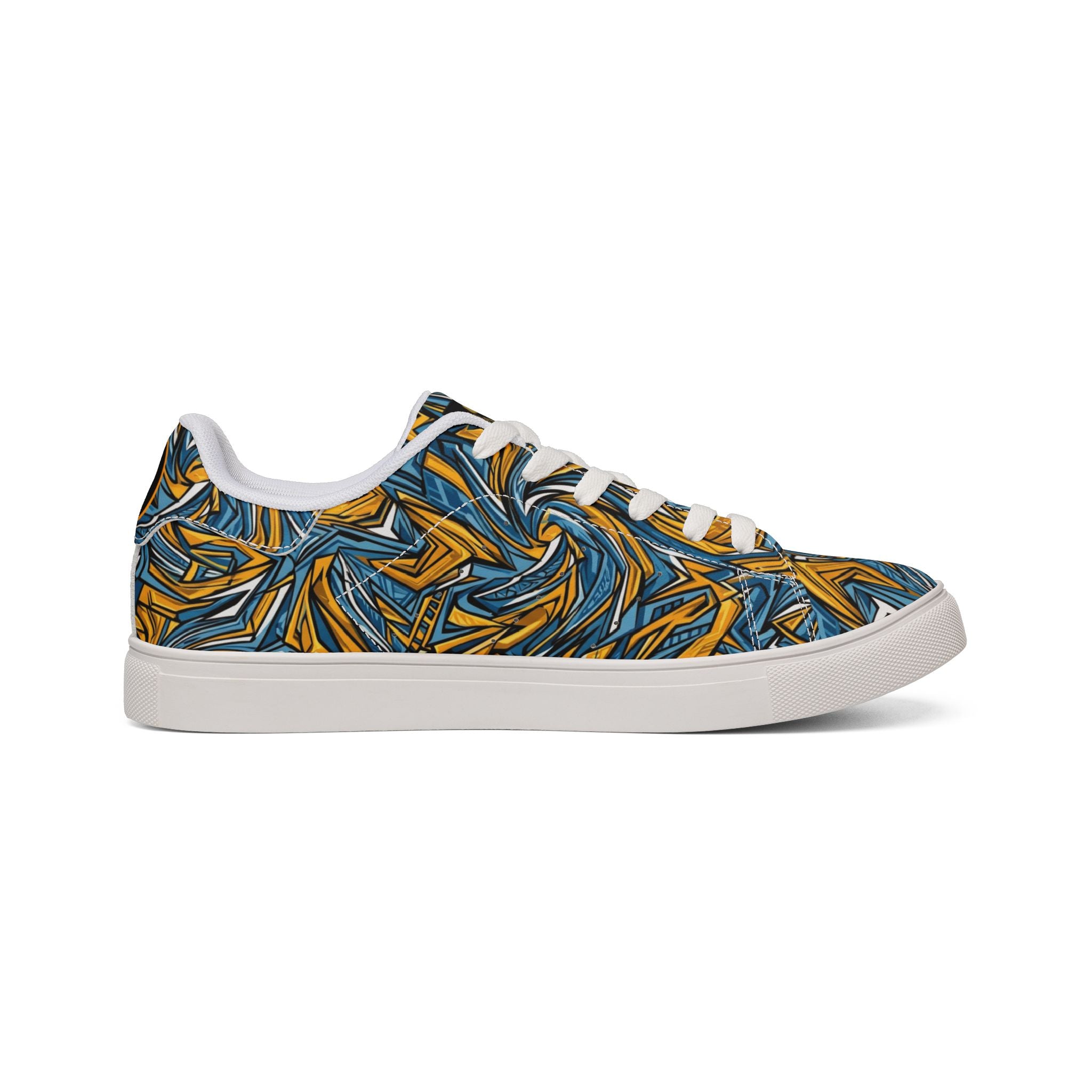 Men's Low-Top Leather Sneakers — Blue & Gold Swirl Painterly Trainers
