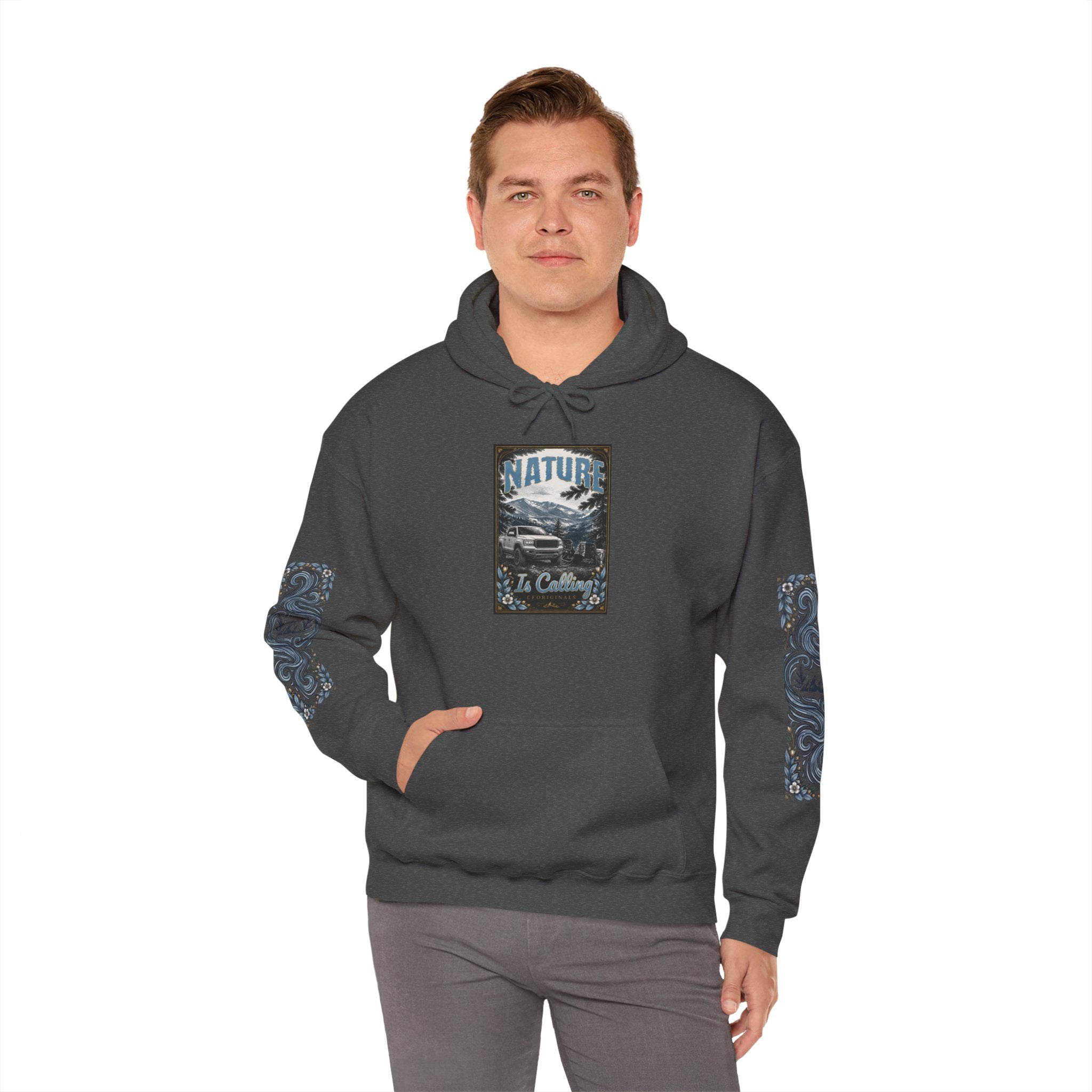 Nature Is Calling Hoodie — Scenic Mountain Graphic Hooded Sweatshirt with Sleeve Paisley Art