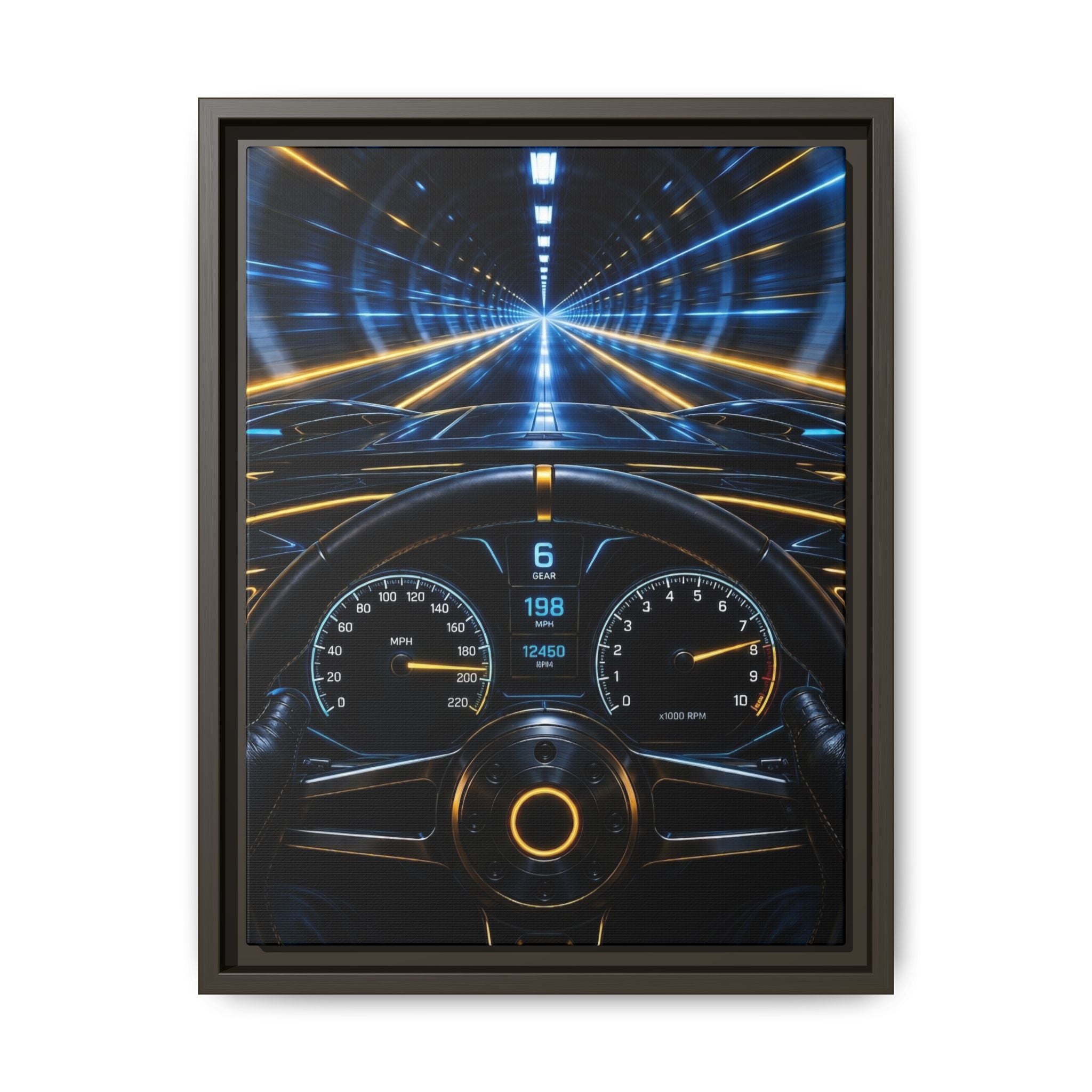 Tunnel Drive Framed Canvas Print — Retro Futuristic Car Dashboard Wall Art
