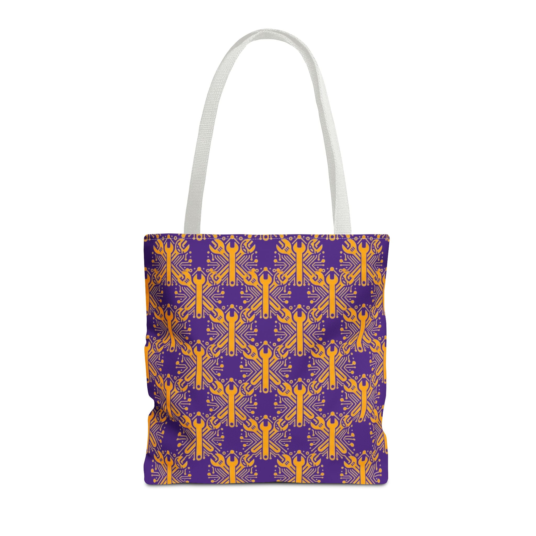 Purple & Gold Wrench Pattern Tote Bag – Automotive All-Over Print Tote