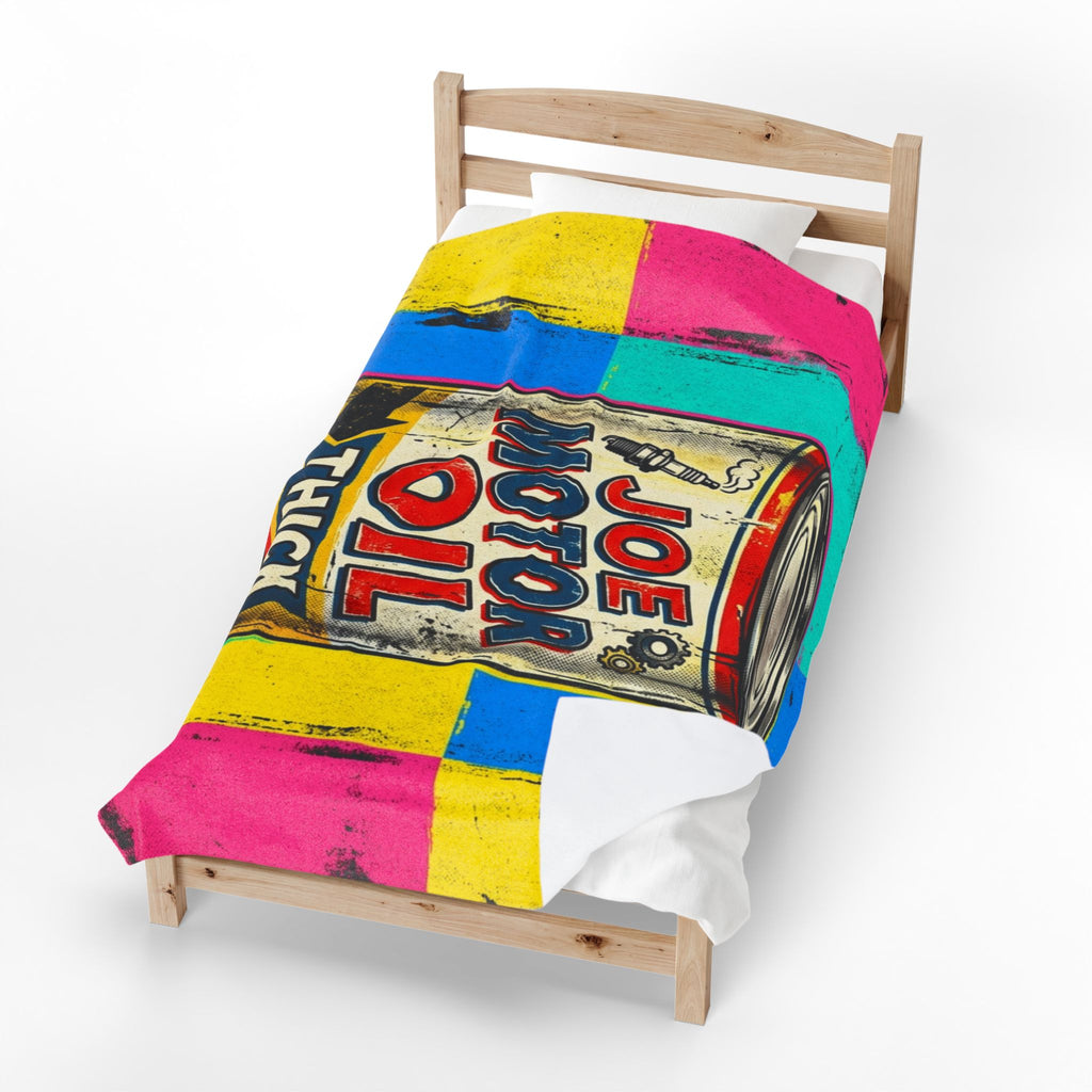 Pop Art Motor Oil Can Velveteen Plush Blanket — Retro Garage Throw