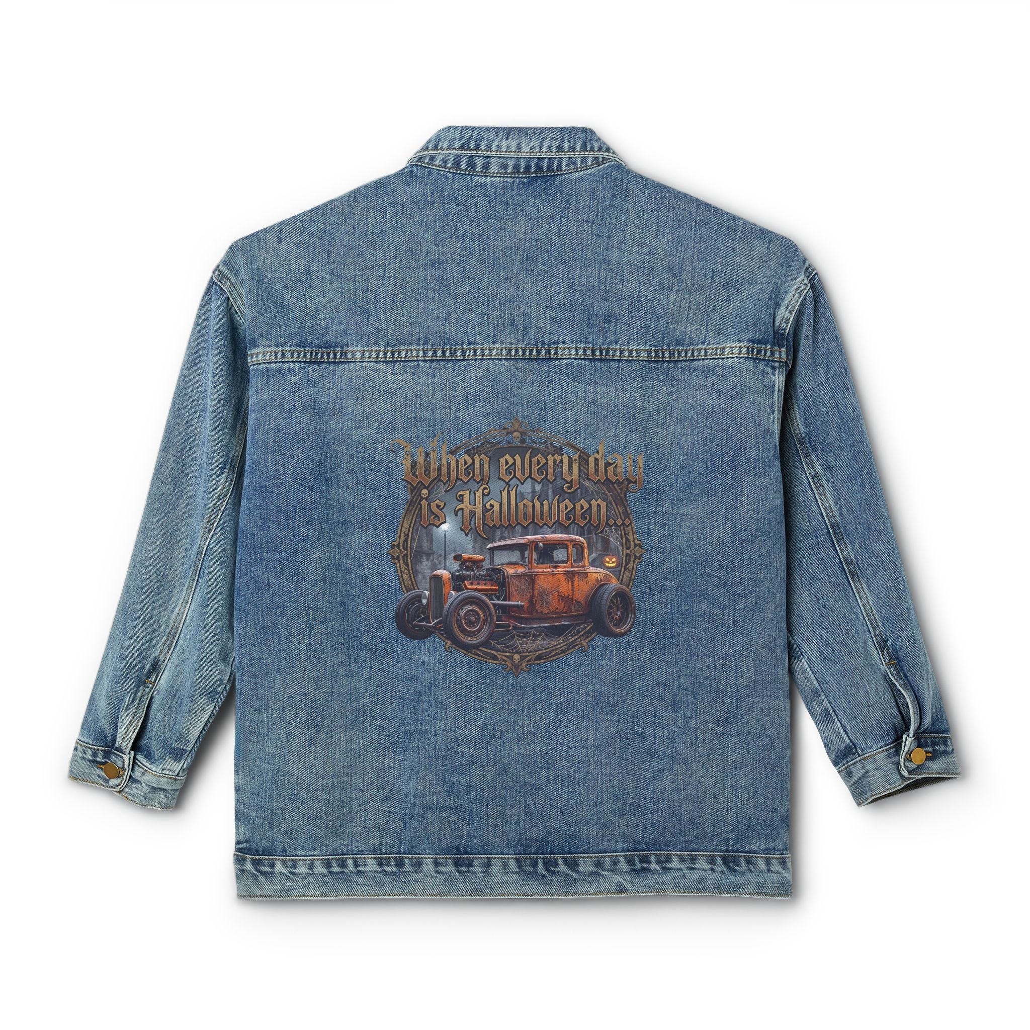 Women's Denim Jacket — 'When Every Day Is Halloween' Vintage Car Back Print