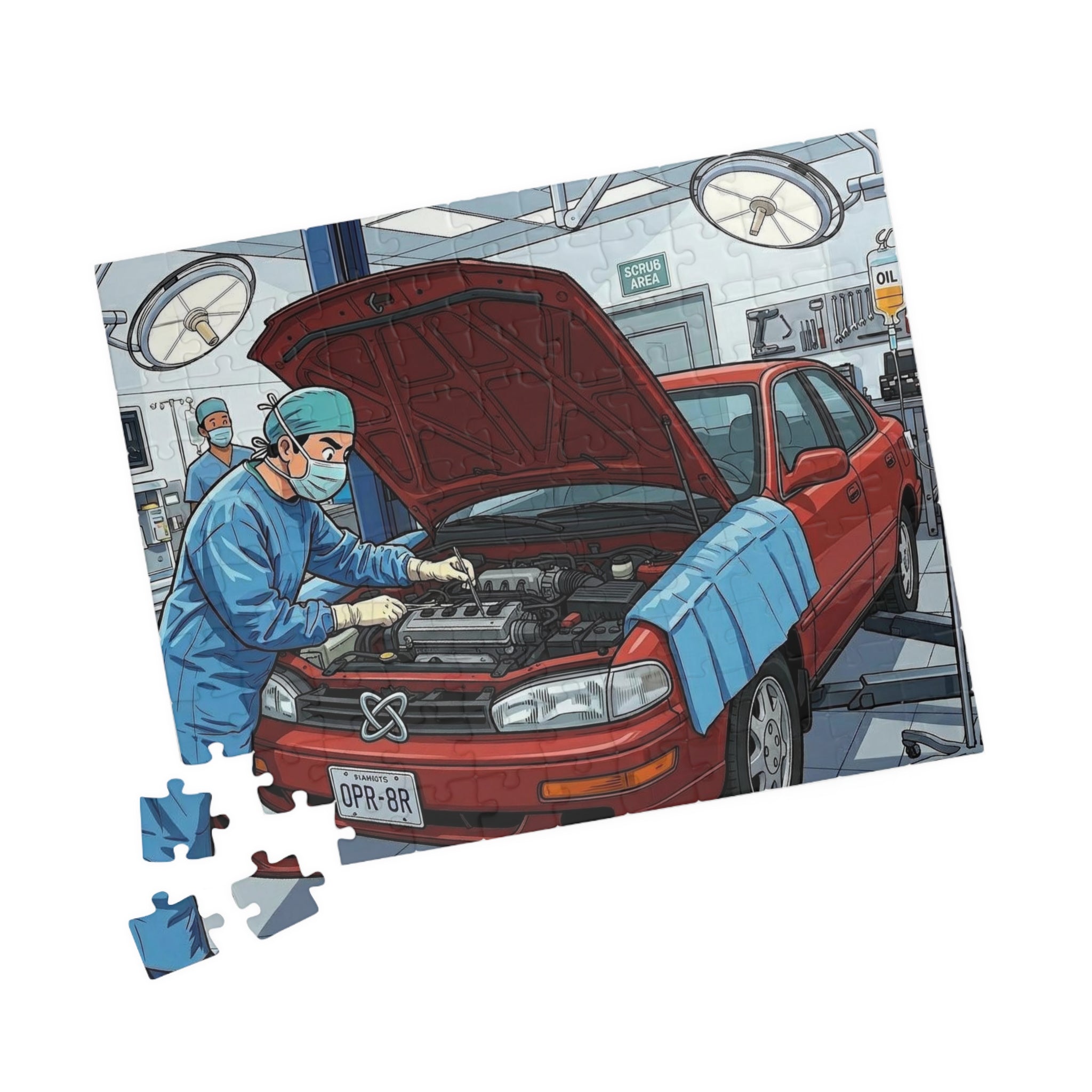 Car Surgery Operation Puzzle — Automotive Repair Illustration Jigsaw (110/252/520/1014 pcs)