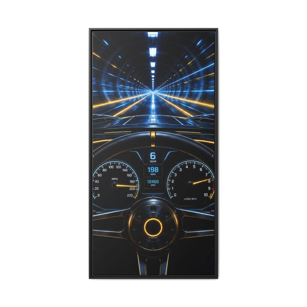 Tunnel Drive Framed Canvas Print — Retro Futuristic Car Dashboard Wall Art