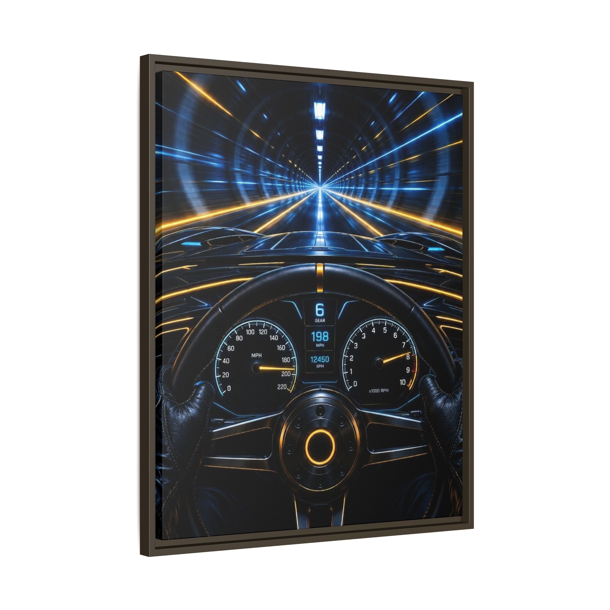 Tunnel Drive Framed Canvas Print — Retro Futuristic Car Dashboard Wall Art