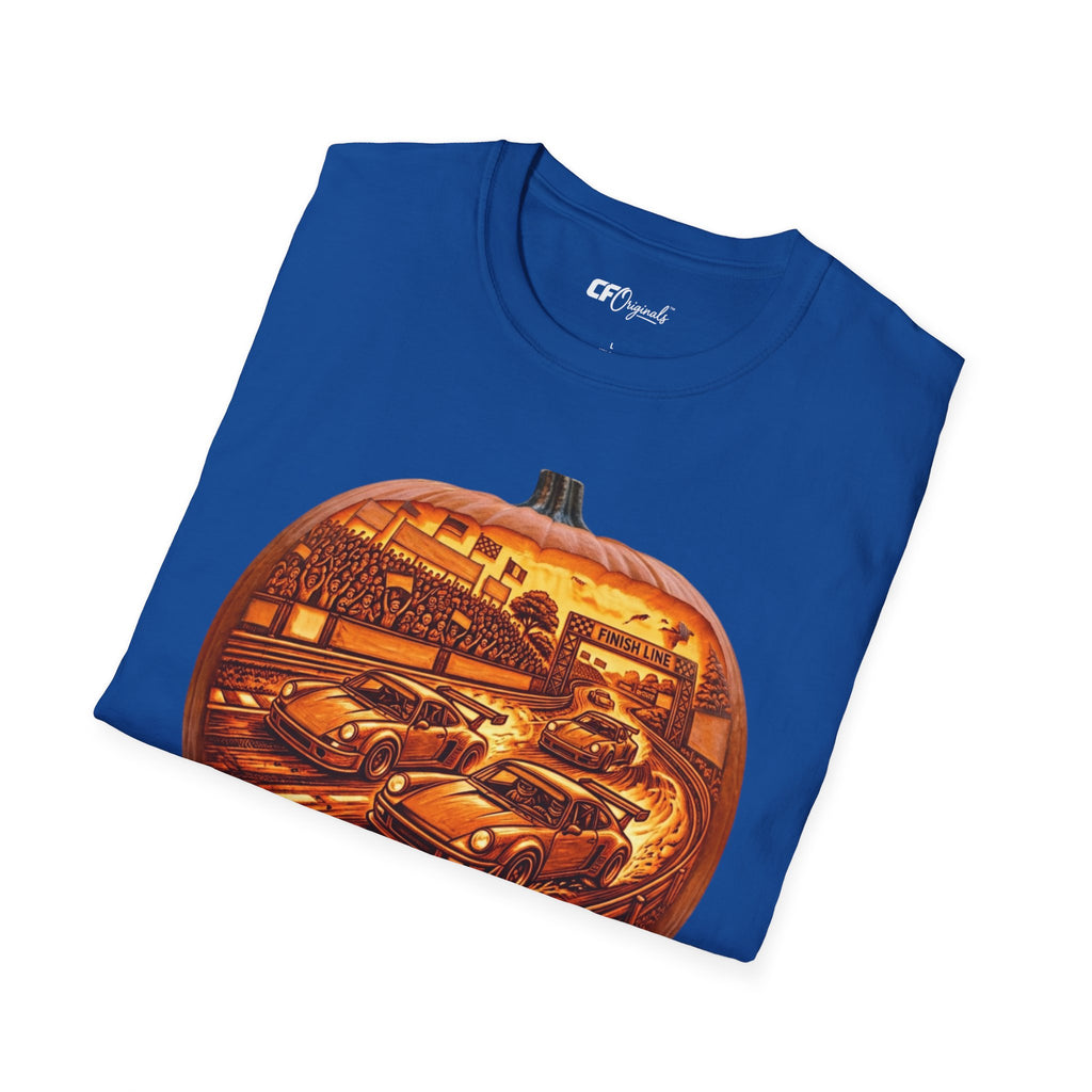 Vintage Racing Pumpkin T-Shirt — Retro Car Grand Prix Halloween Tee
