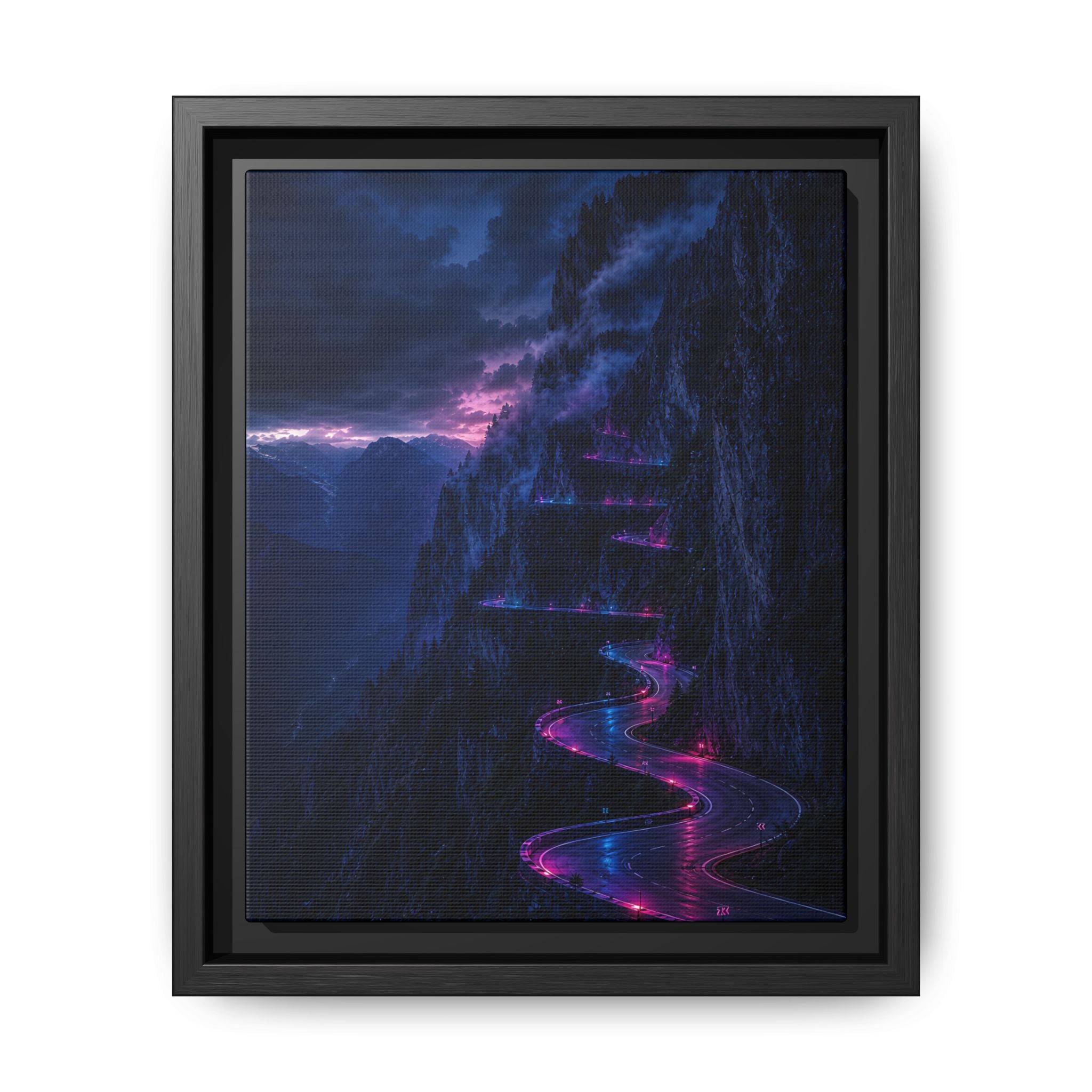 Neon Mountain Road Matte Canvas Print — Framed Nightscape Wall Art