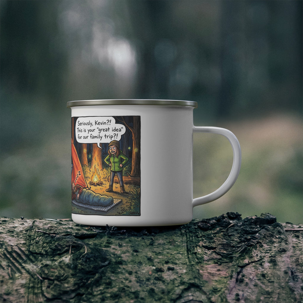 Enamel Camping Mug — Funny Car Tent Camping Cartoon