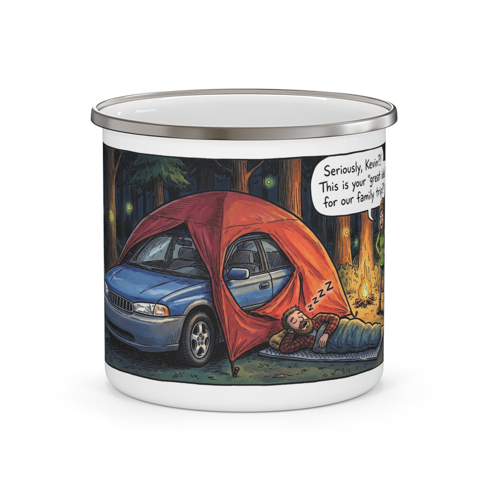 Enamel Camping Mug — Funny Car Tent Camping Cartoon