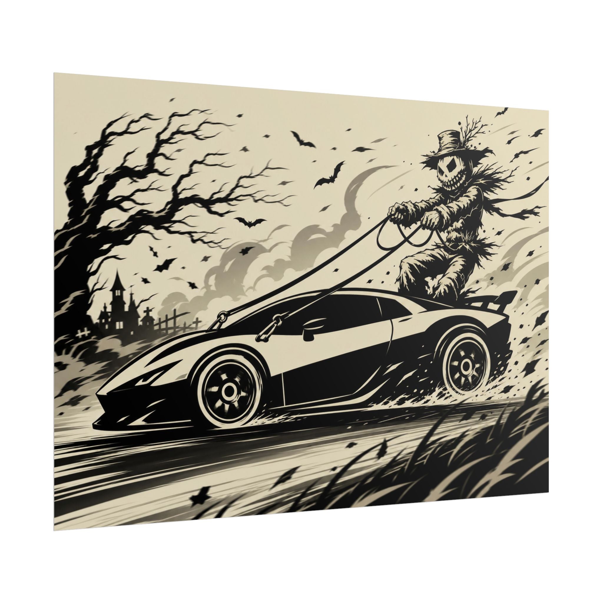Poster - Scarecrow Driving Sports Car Vintage Halloween Art Print