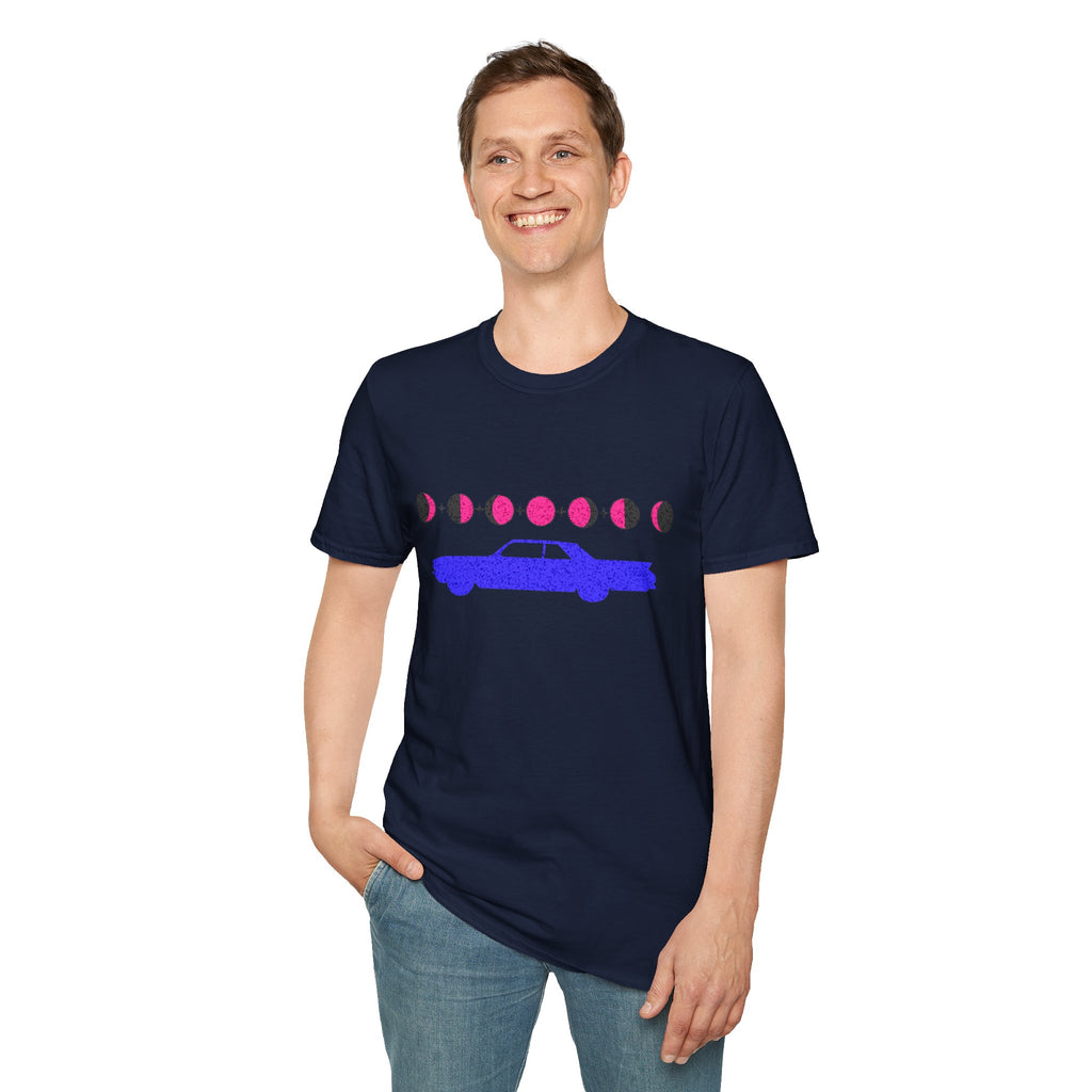 Retro Moon Phase Car T‑Shirt — Blue Classic Car with Pink Moon Phases