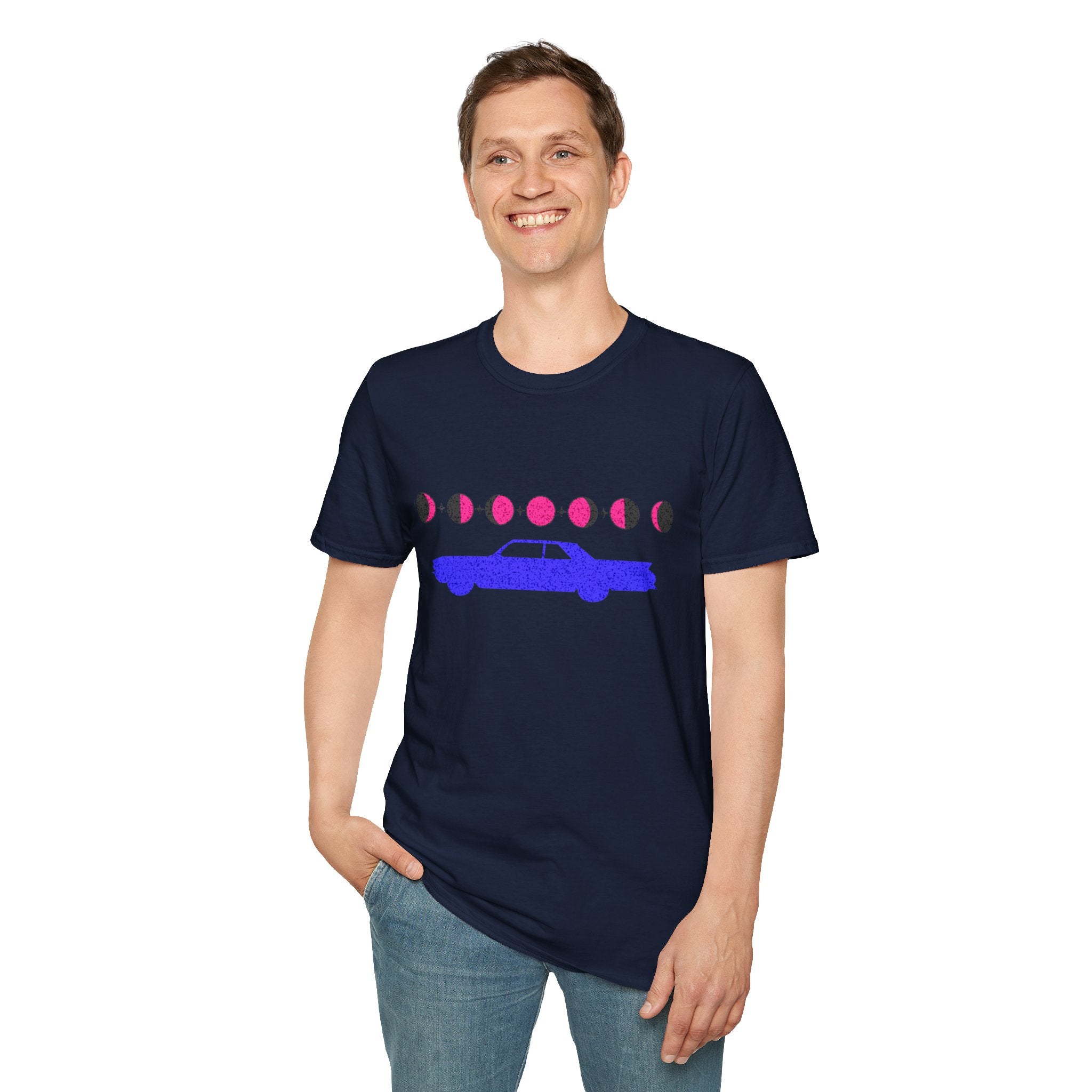 Retro Moon Phase Car T‑Shirt — Blue Classic Car with Pink Moon Phases