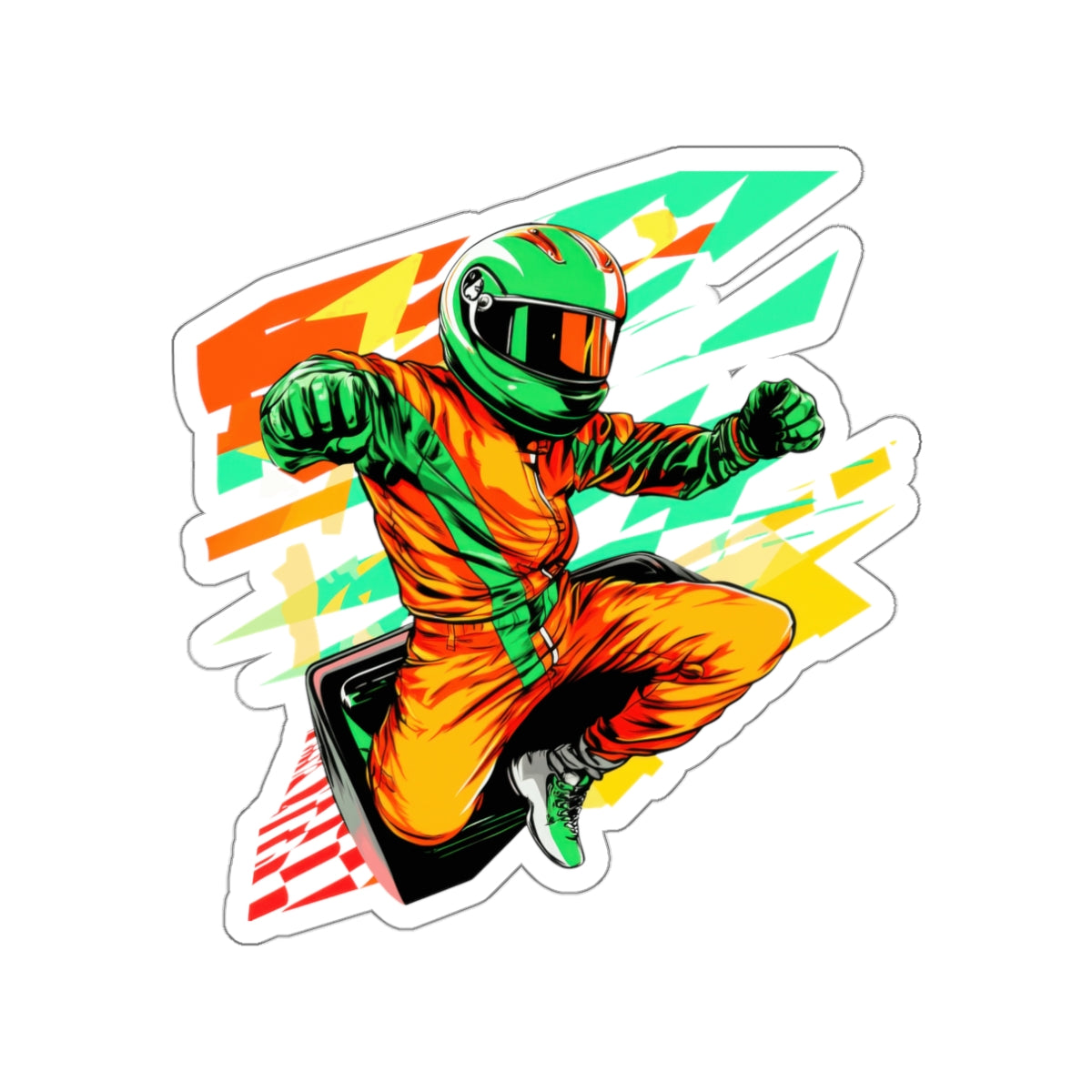 Racing Driver Die-Cut Sticker — Neon Moto Helmet Sticker for Laptops & Gear