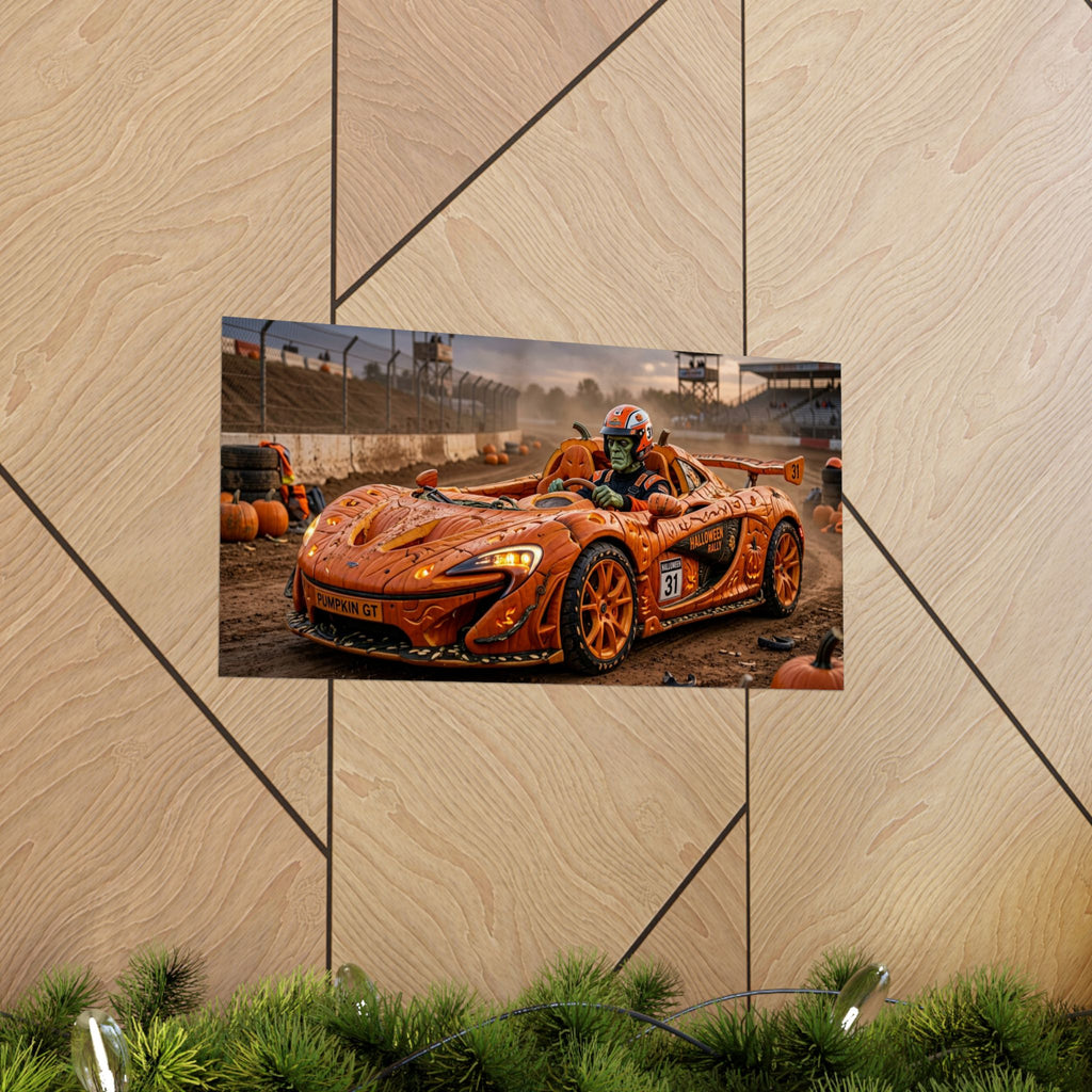 Halloween Race Car Poster — Orange Pumpkin Sports Car Matte Horizontal Print