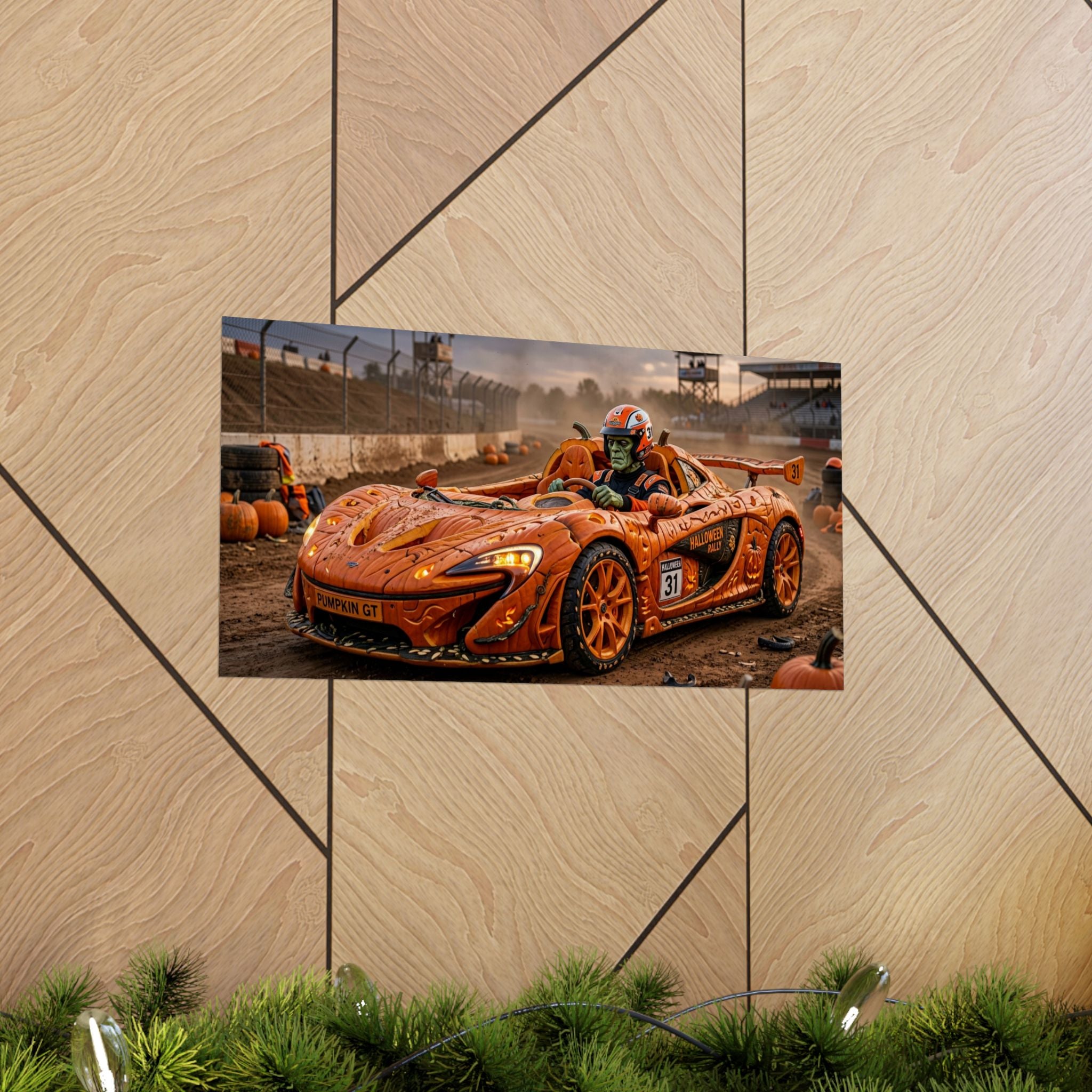 Halloween Race Car Poster — Orange Pumpkin Sports Car Matte Horizontal Print