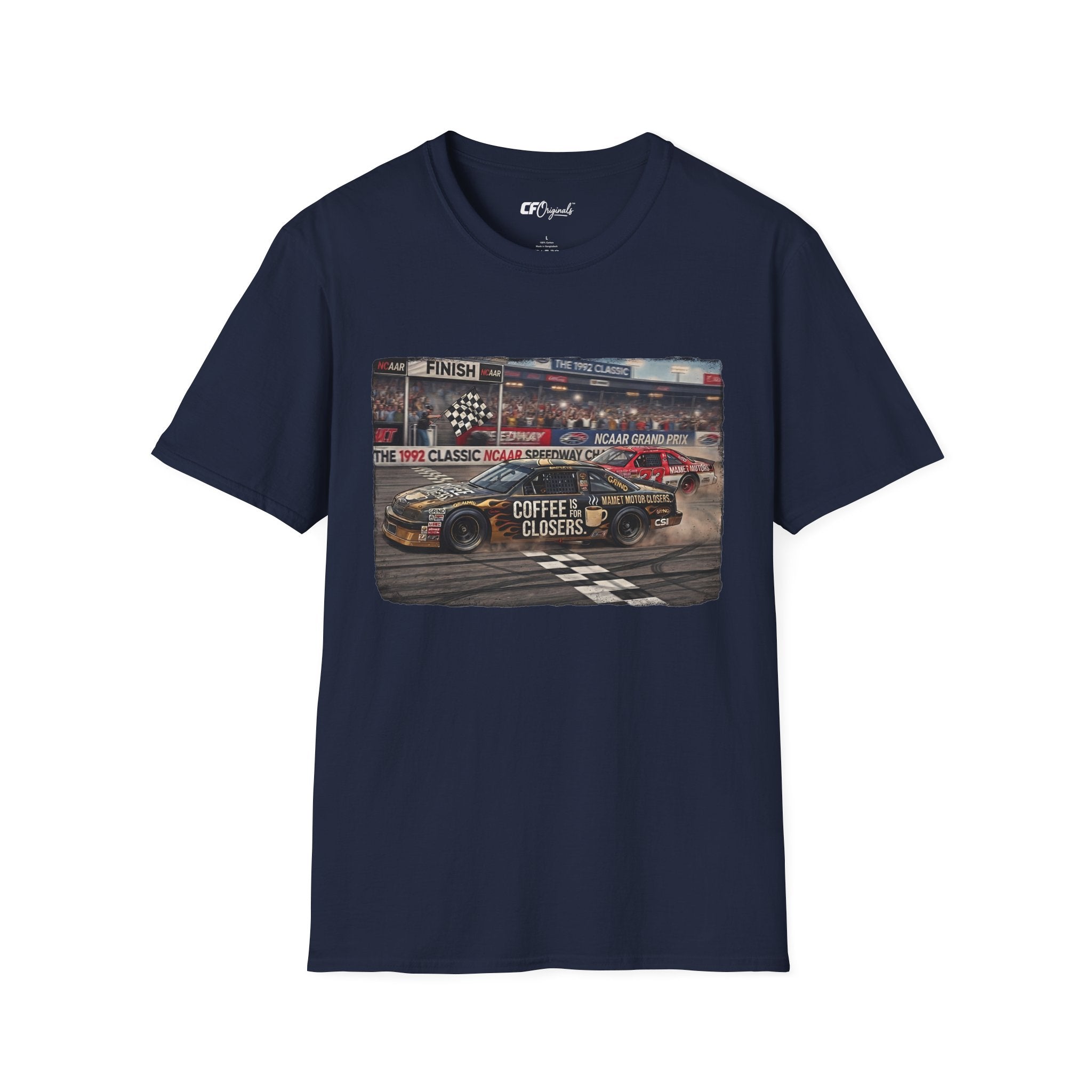 Race Day Vintage Stock Car Tee — 'Coffee is for Closers' Graphic