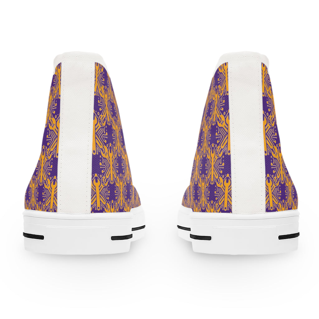 Purple and Gold Wrench High-Tops — Women's Patterned Canvas Shoes