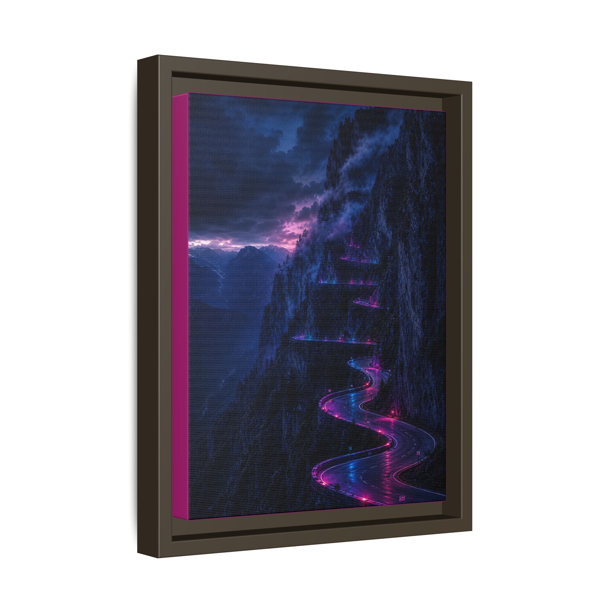 Neon Mountain Road Matte Canvas Print — Framed Nightscape Wall Art