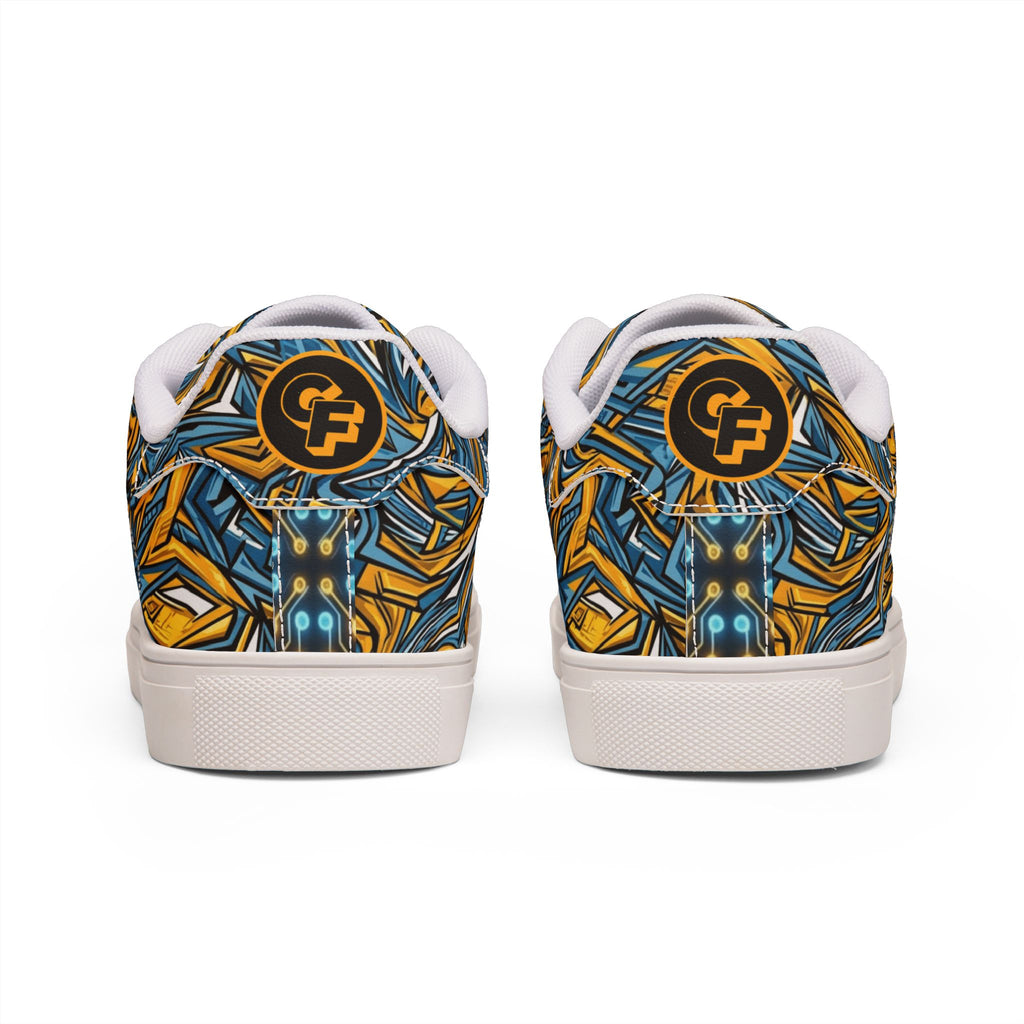 Men's Low-Top Leather Sneakers — Blue & Gold Swirl Painterly Trainers