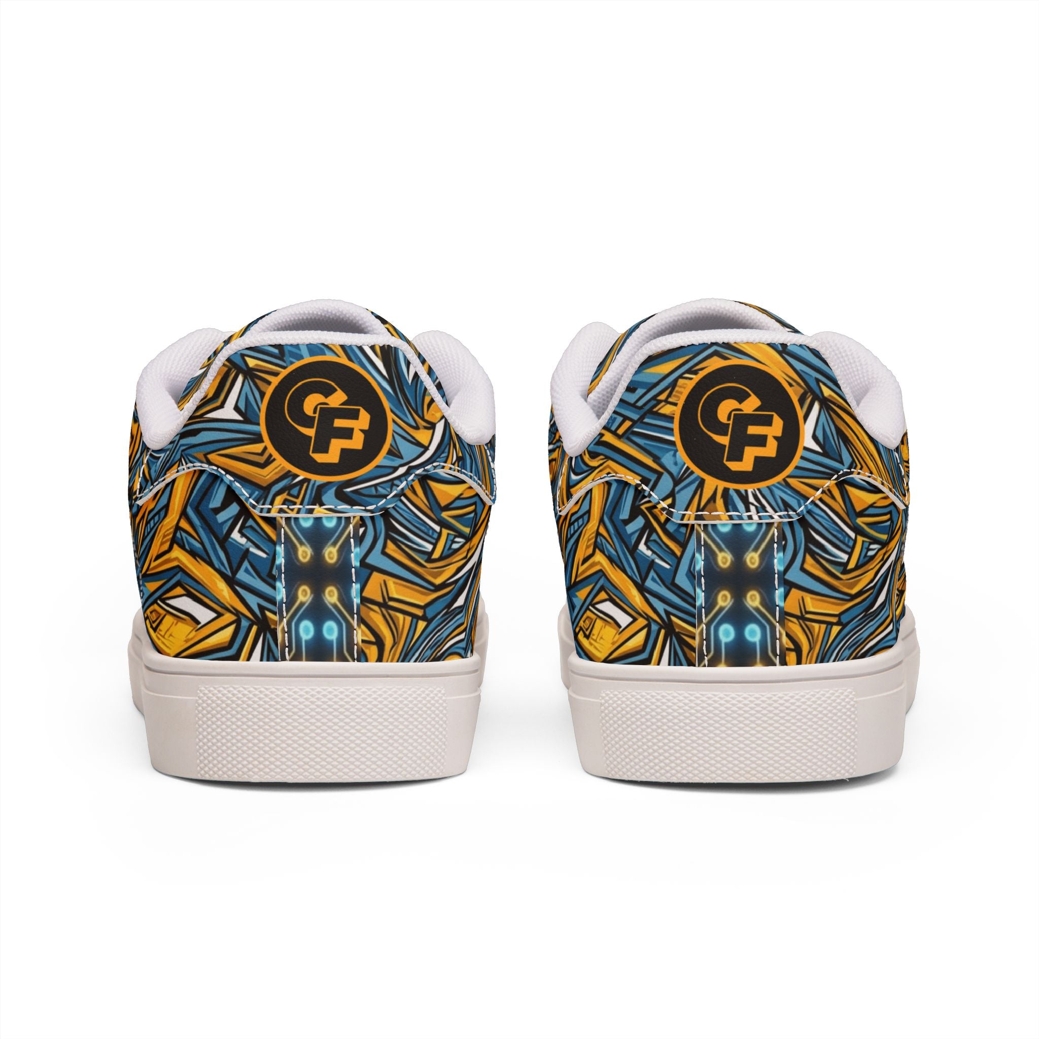 Men's Low-Top Leather Sneakers — Blue & Gold Swirl Painterly Trainers
