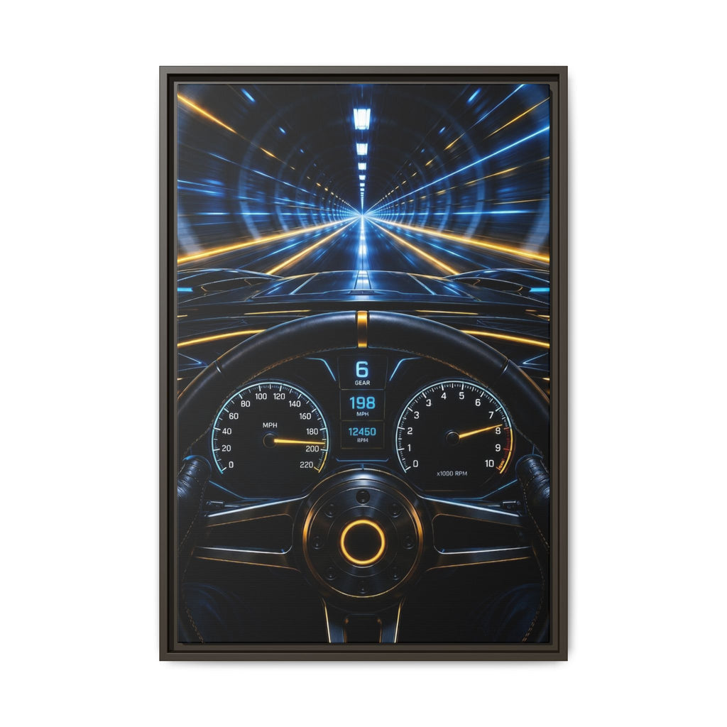 Tunnel Drive Framed Canvas Print — Retro Futuristic Car Dashboard Wall Art