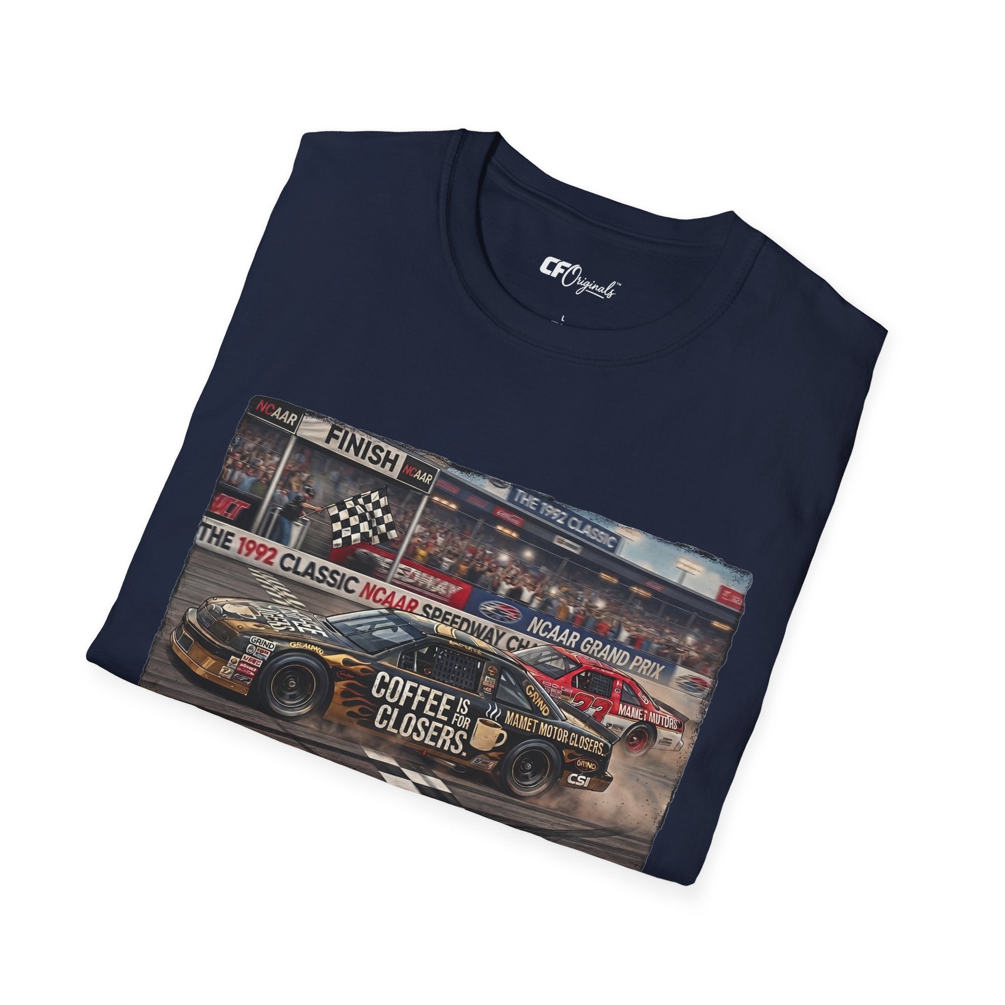 Race Day Vintage Stock Car Tee — 'Coffee is for Closers' Graphic