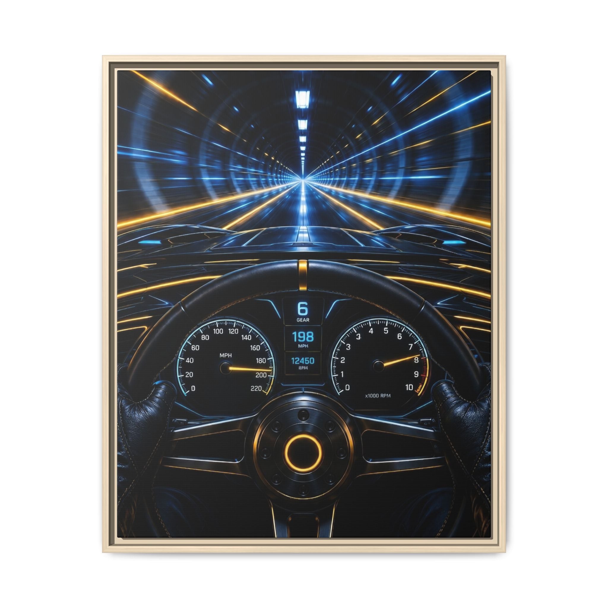 Tunnel Drive Framed Canvas Print — Retro Futuristic Car Dashboard Wall Art