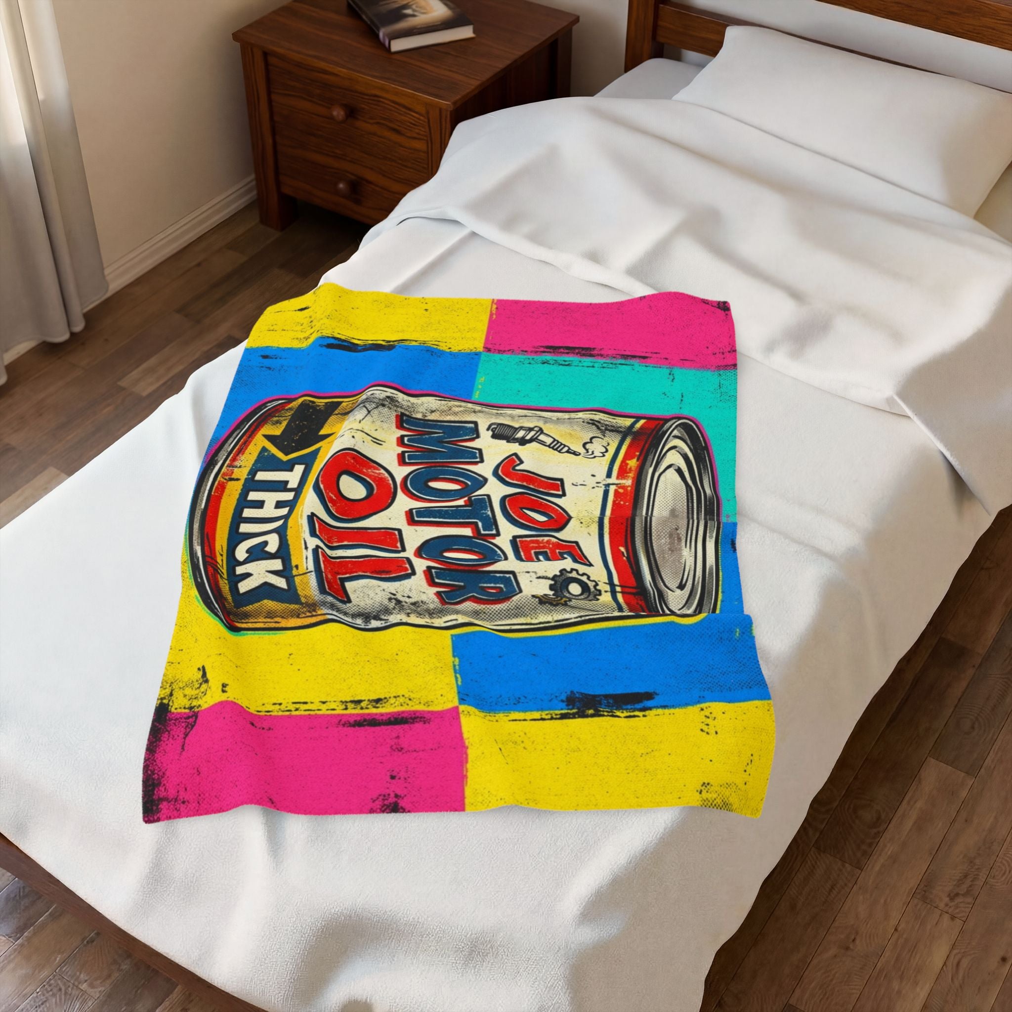 Pop Art Motor Oil Can Velveteen Plush Blanket — Retro Garage Throw