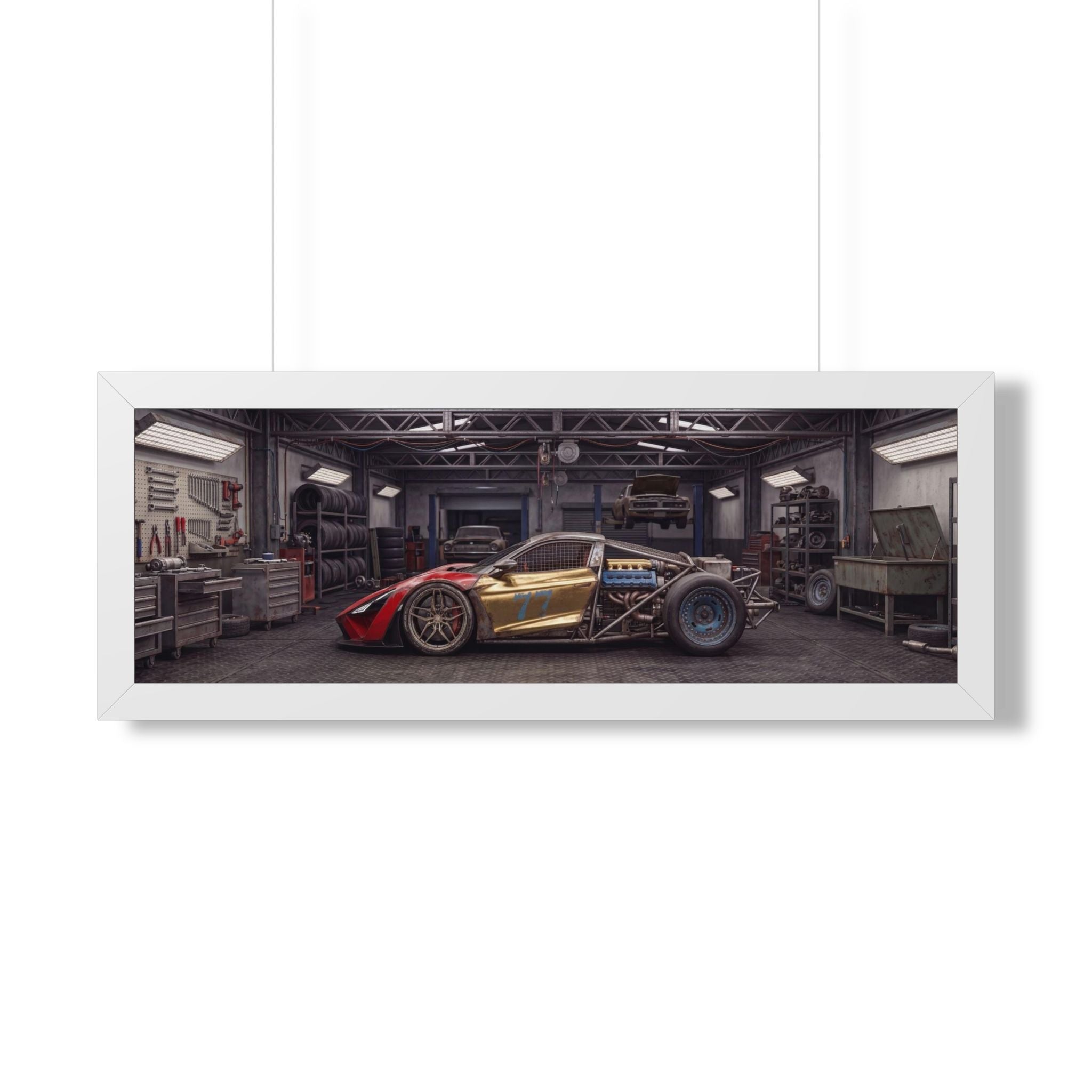 Framed Horizontal Poster — Retro Race Car Garage Print