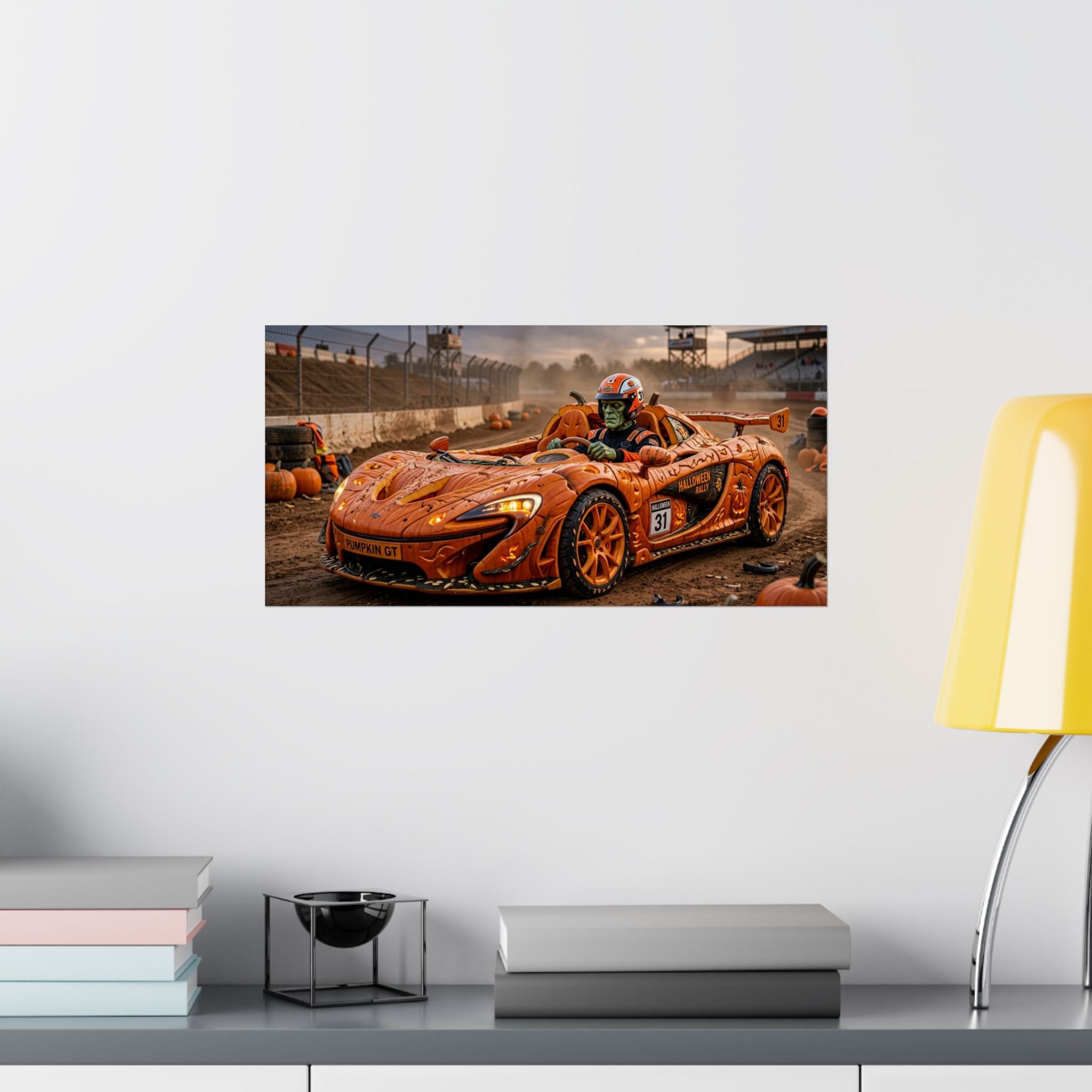 Halloween Race Car Poster — Orange Pumpkin Sports Car Matte Horizontal Print