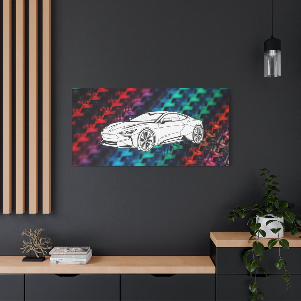Modern Sports Car Canvas Wall Art – White Line Drawing on Rainbow Carbon Fiber Background