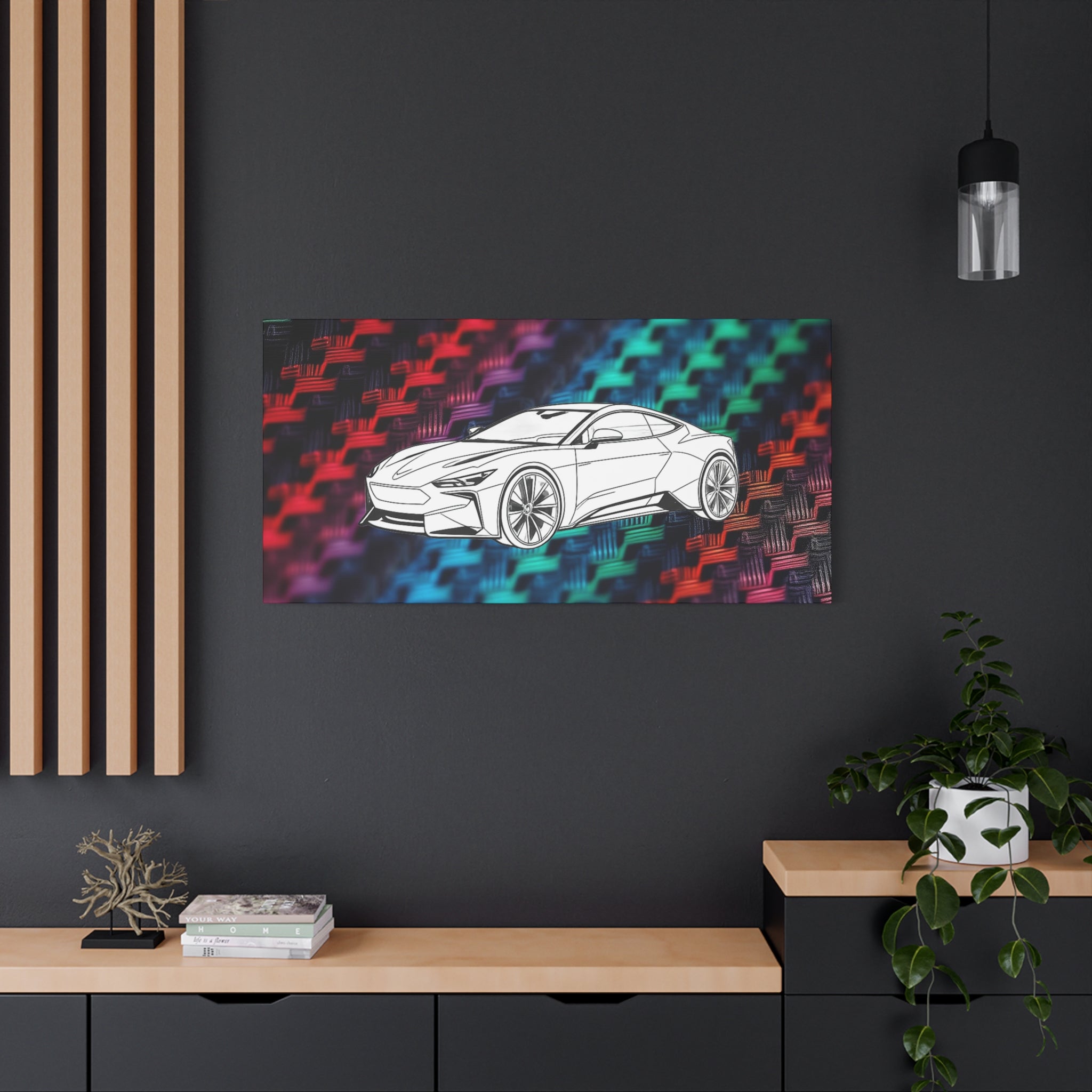 Modern Sports Car Canvas Wall Art – White Line Drawing on Rainbow Carbon Fiber Background