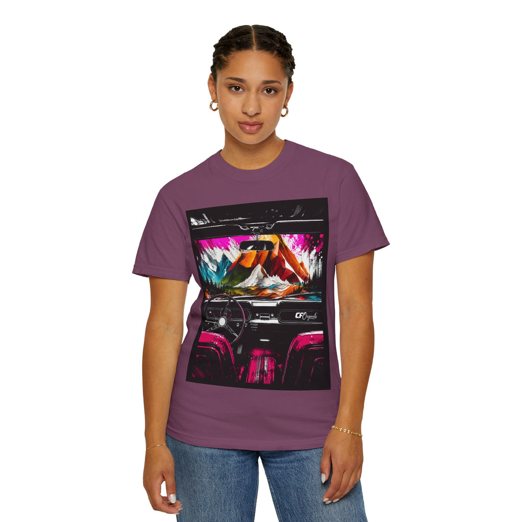 CarFits.store Big Prints T-Shirt — Retro Engine & Scenic Drive