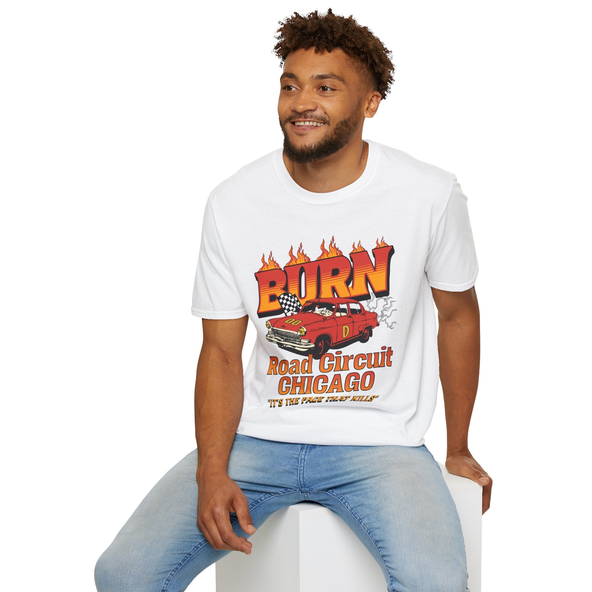 Racing 'BURN' Graphic Tee — Retro Flaming Racecar Chicago Track Shirt